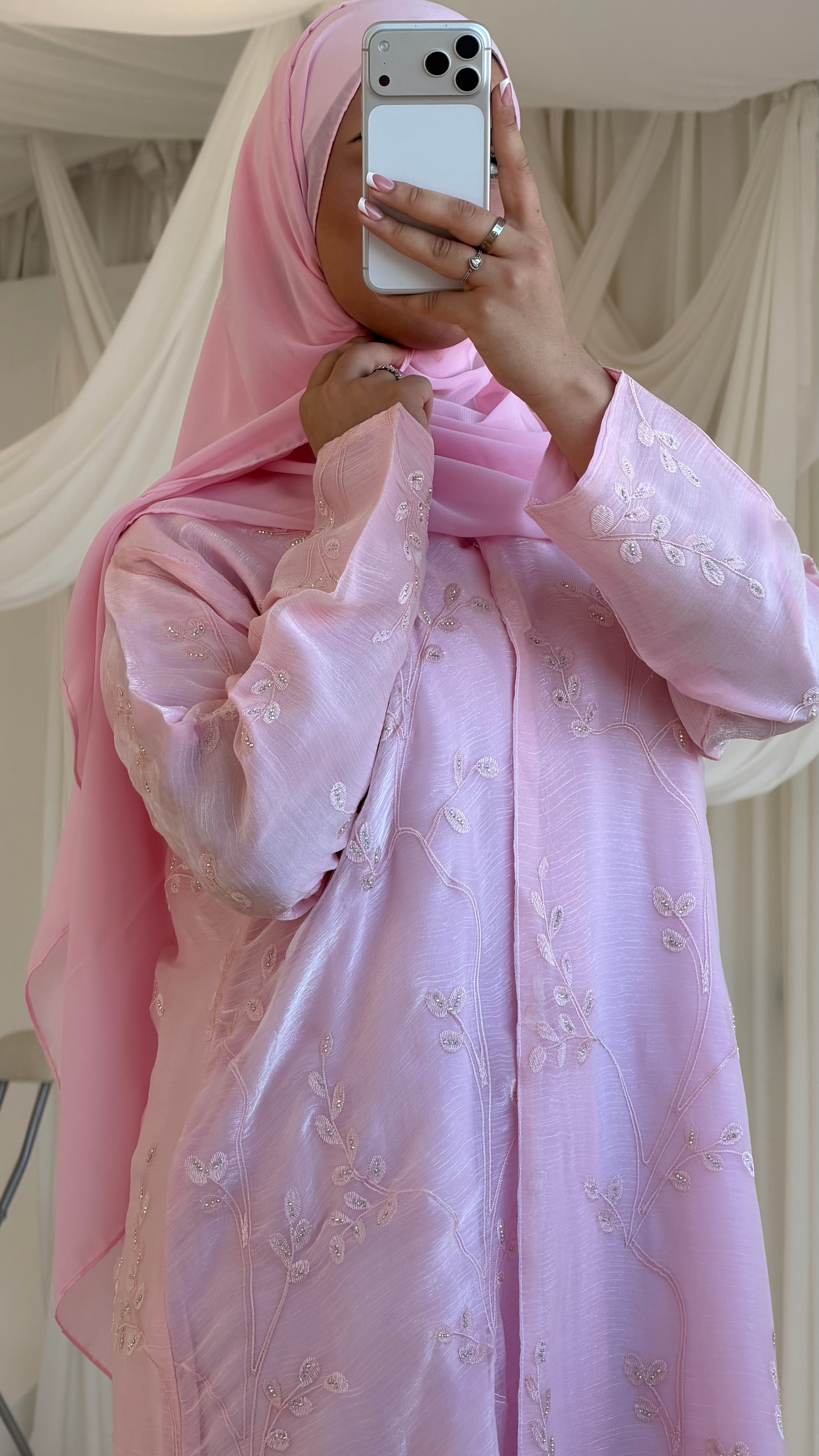 Blush Embroidered Eid Abaya + matching hijab