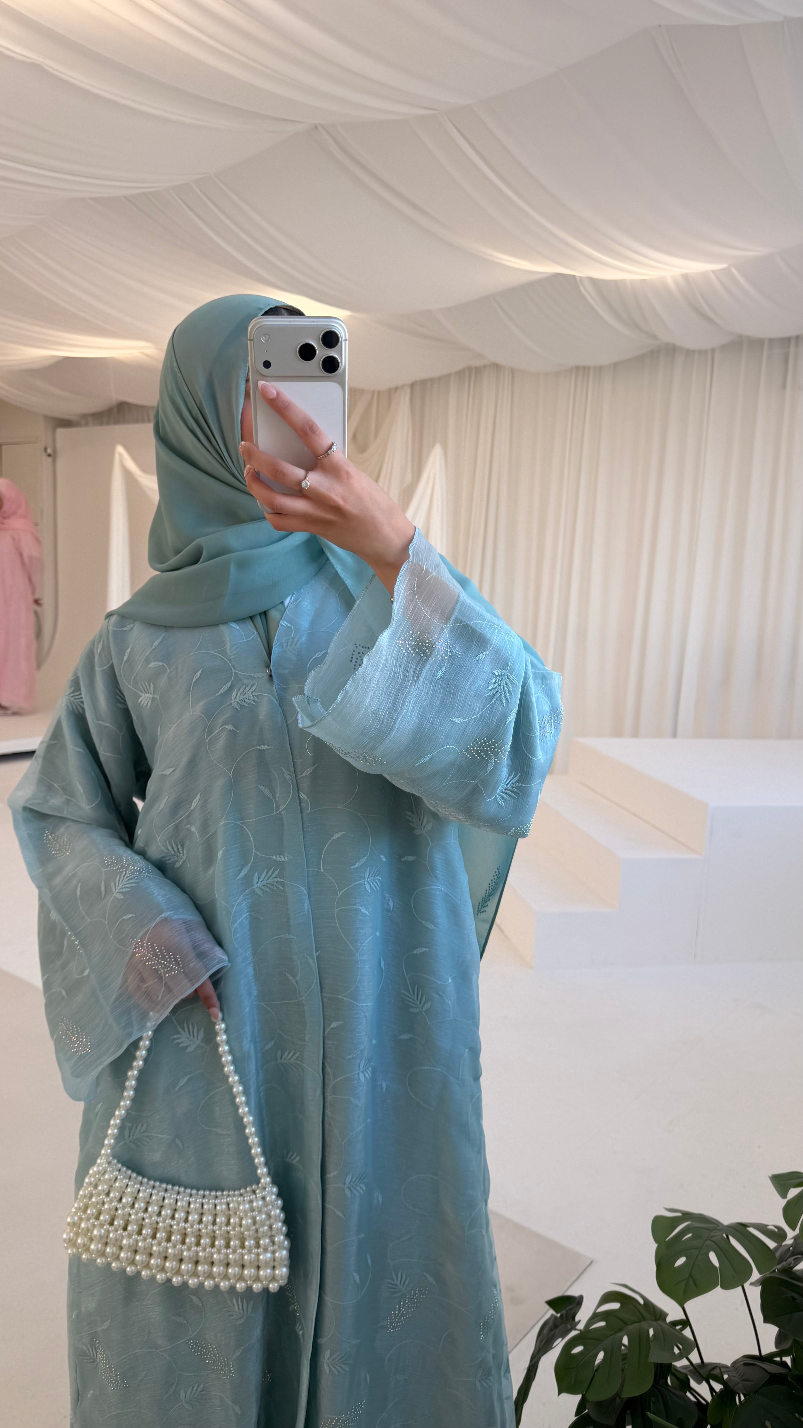 Soft Sage Blue Embroidered Abaya matching hijab