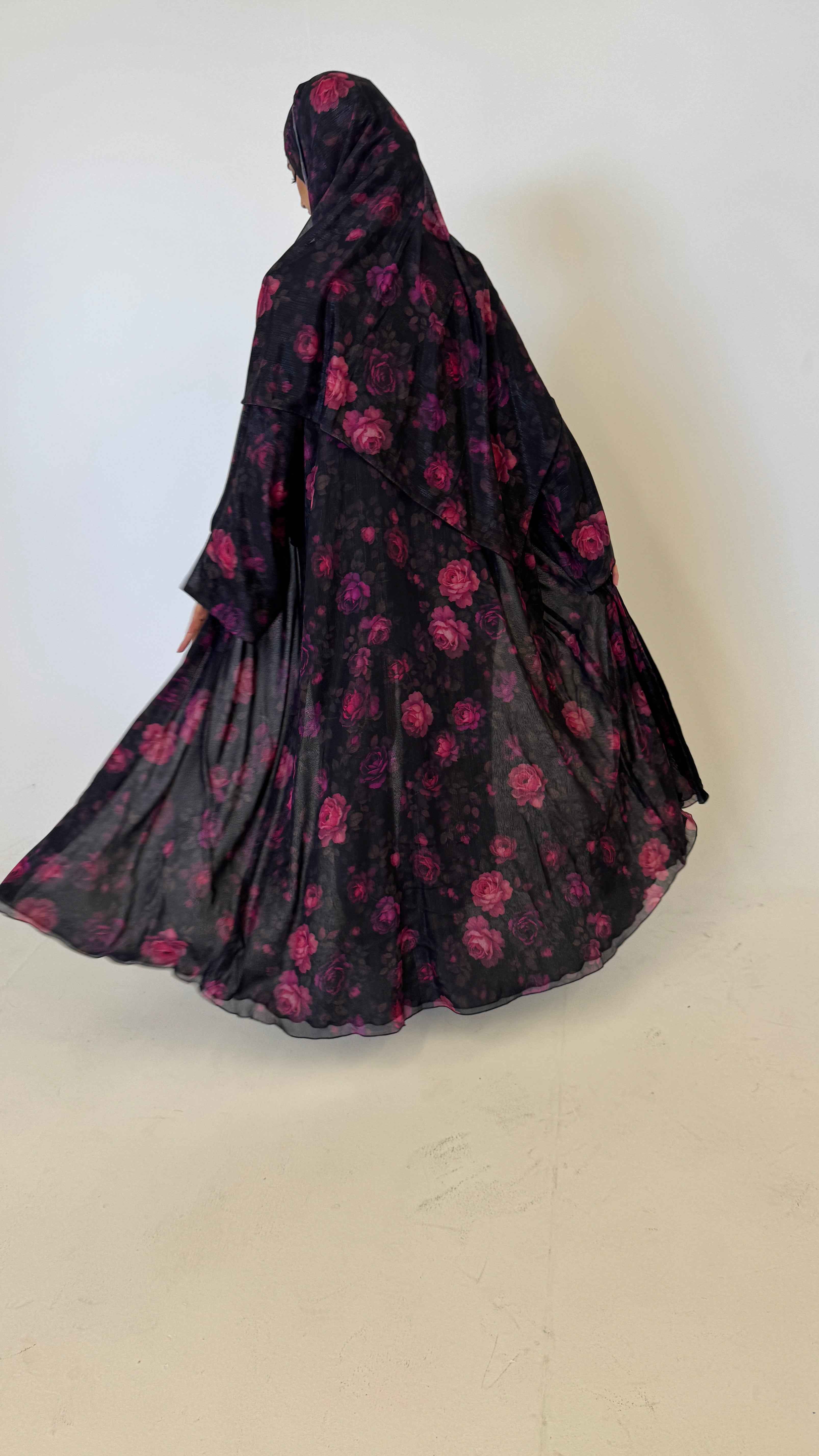 MIDNIGHT ROSÉ | Luxury Floral Chiffon Open Abaya With Matching Hijab