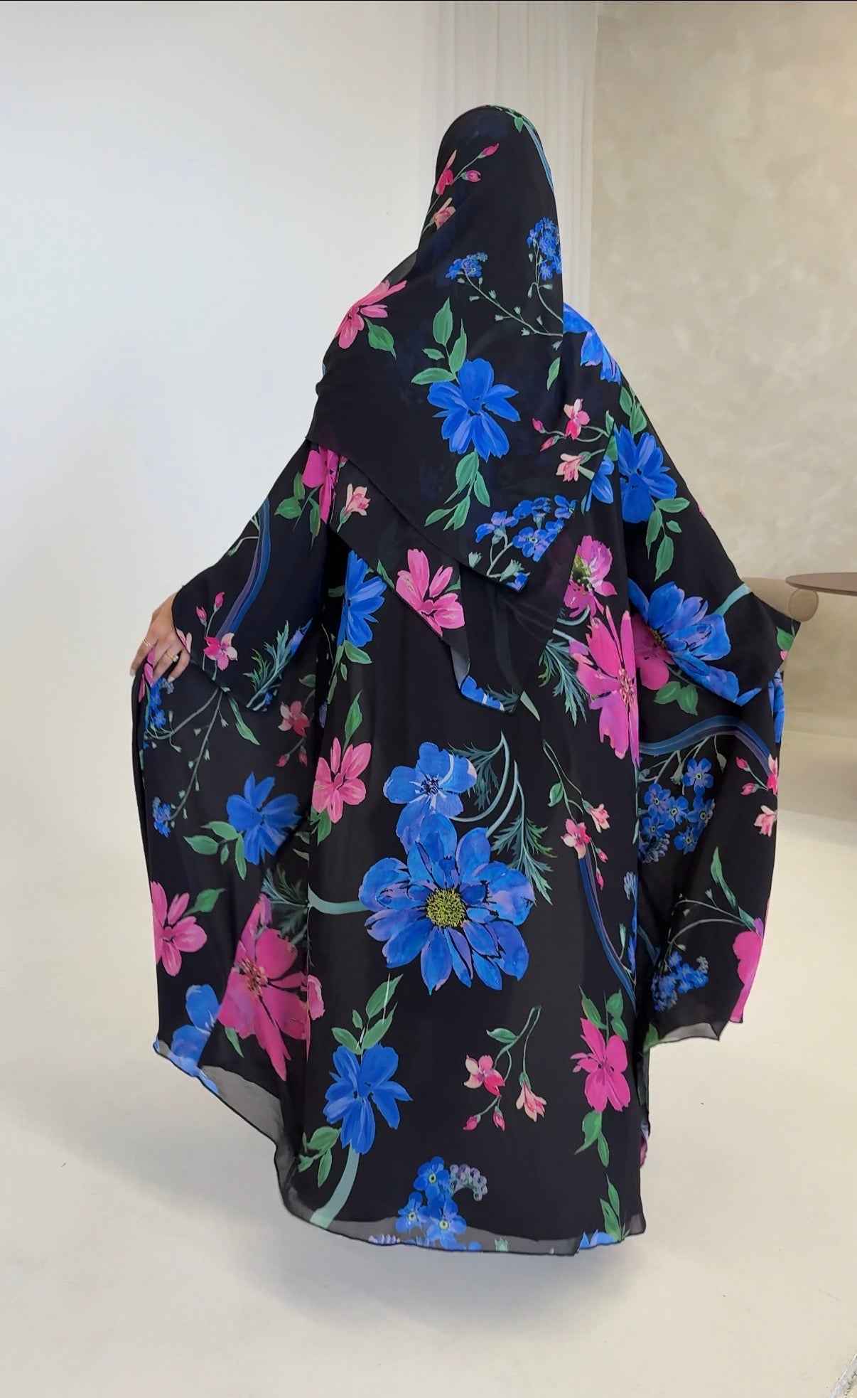 MIDNIGHT GARDENIA | Luxury Floral Chiffon Open Abaya With Matching Hijab