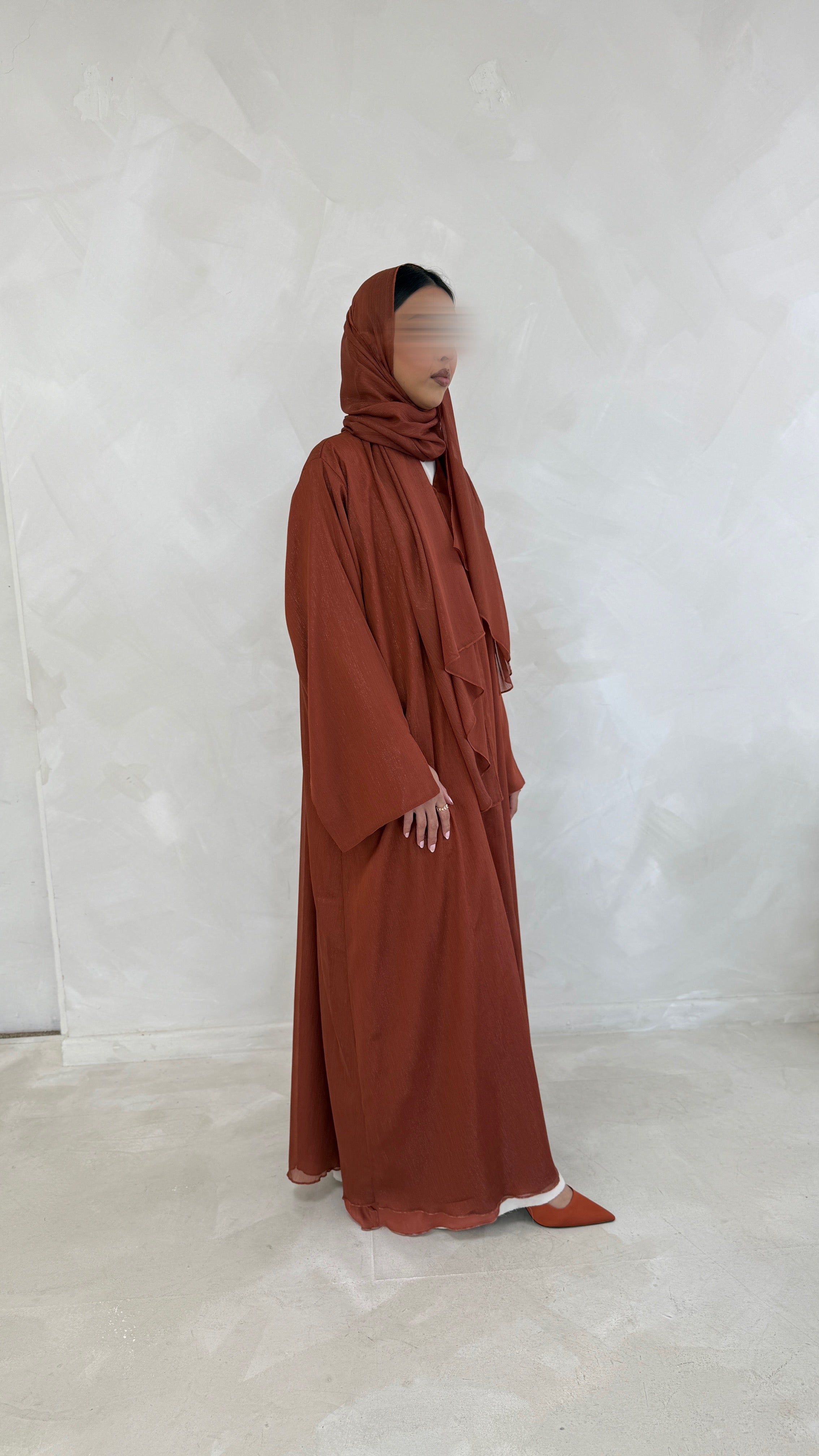 Noura Burnt Orange Zari Open Abaya Set – Fully Lined with Matching Hijab