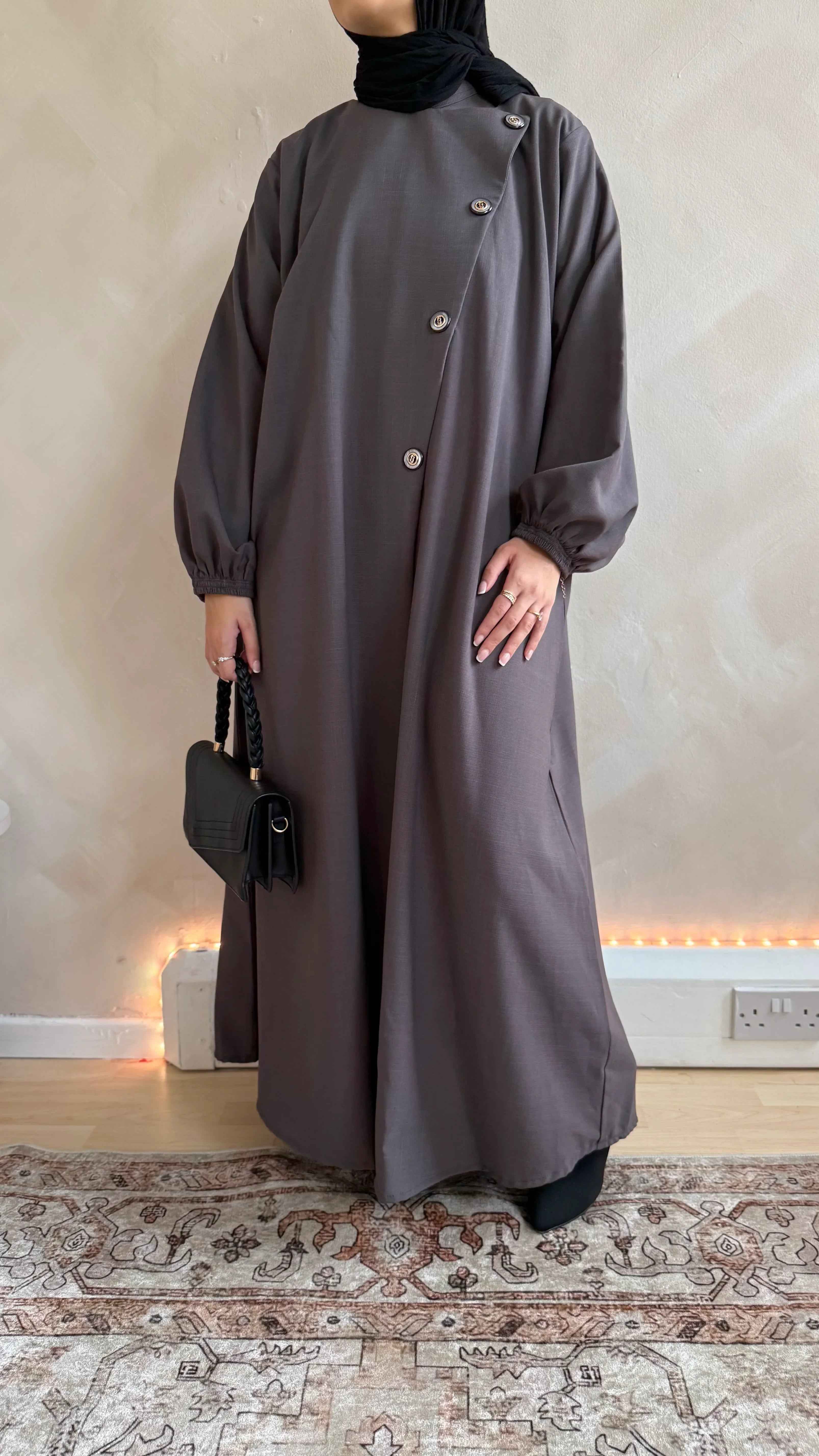 Luxury Brown Abaya with Asymmetrical Buttons – Limited Edition Premium Fabric
