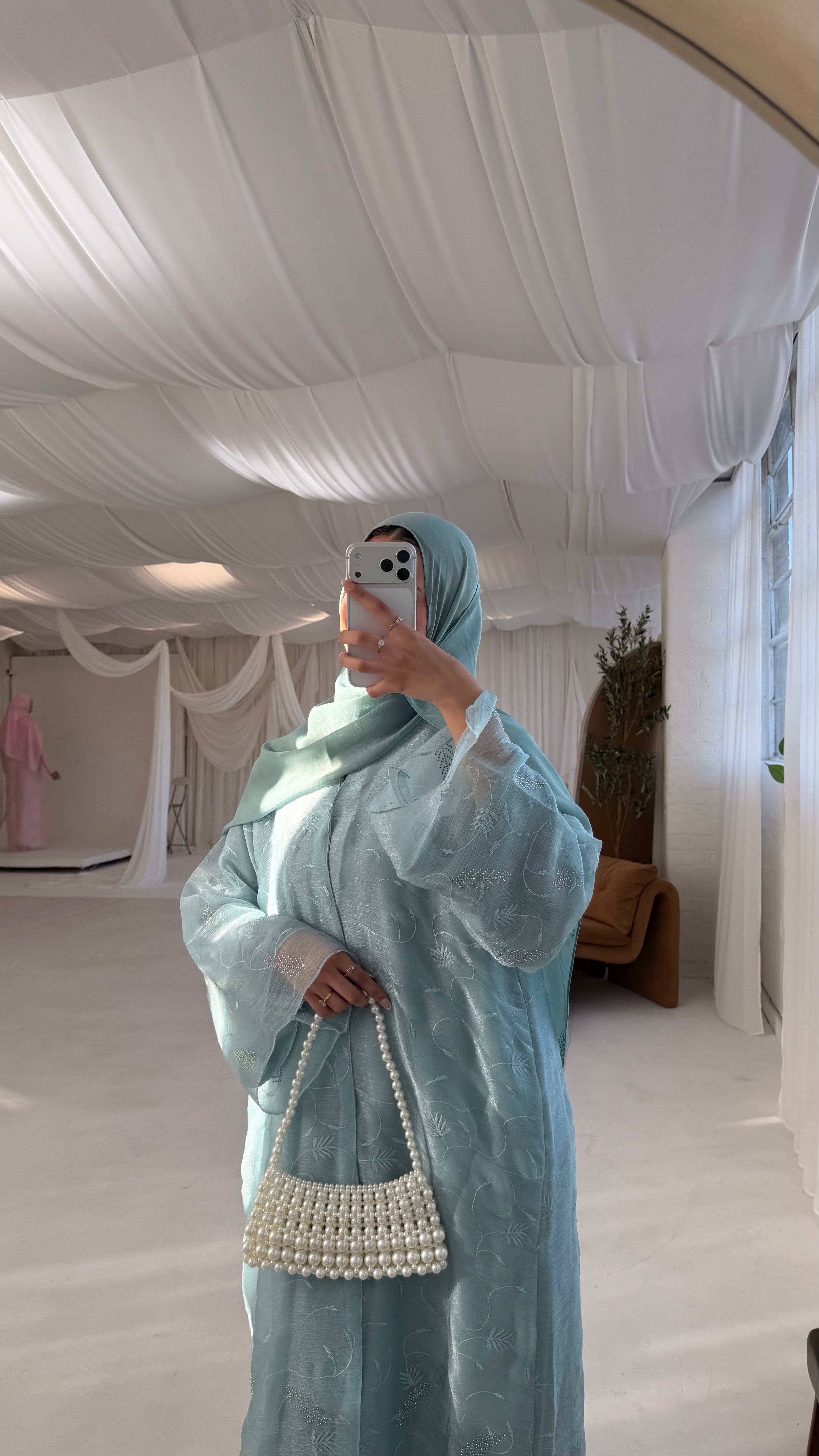 Soft Sage Blue Embroidered Eid Abaya + matching hijab
