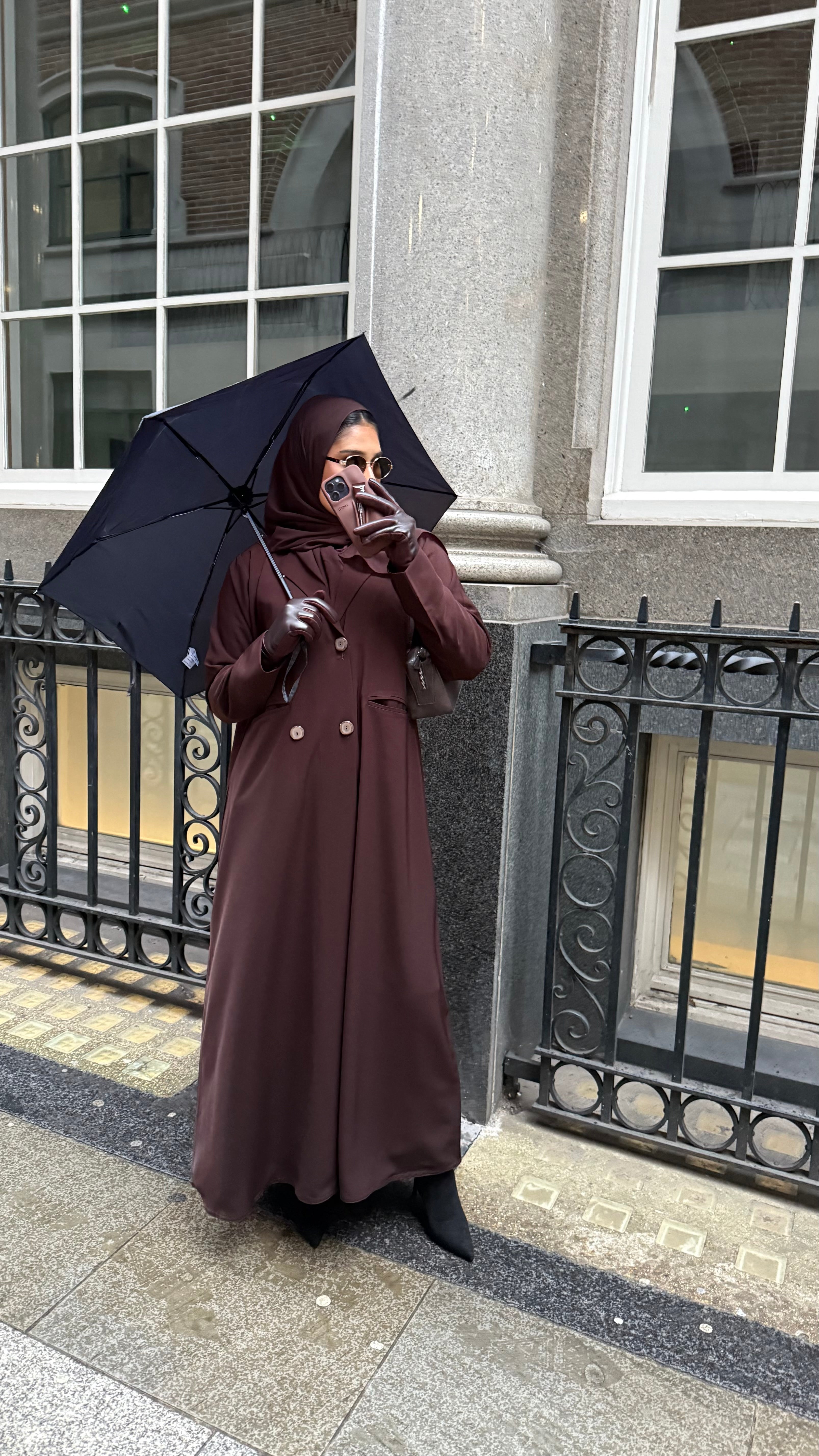 Chocolate brown blazer abaya with matching hijab.