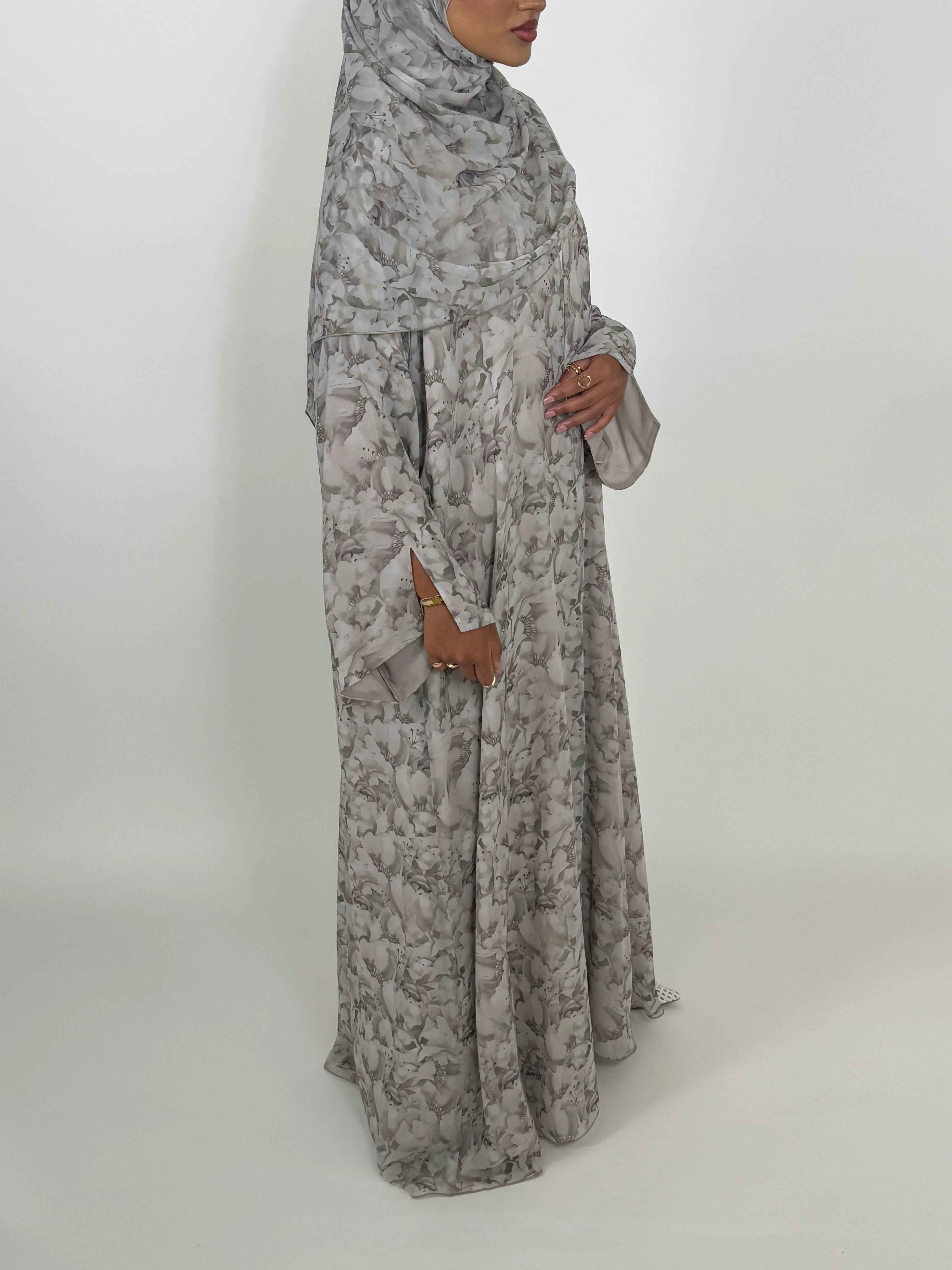 Lunelle Abaya – Lightweight Soft Greige Floral Modest Wear with Matching Hijab