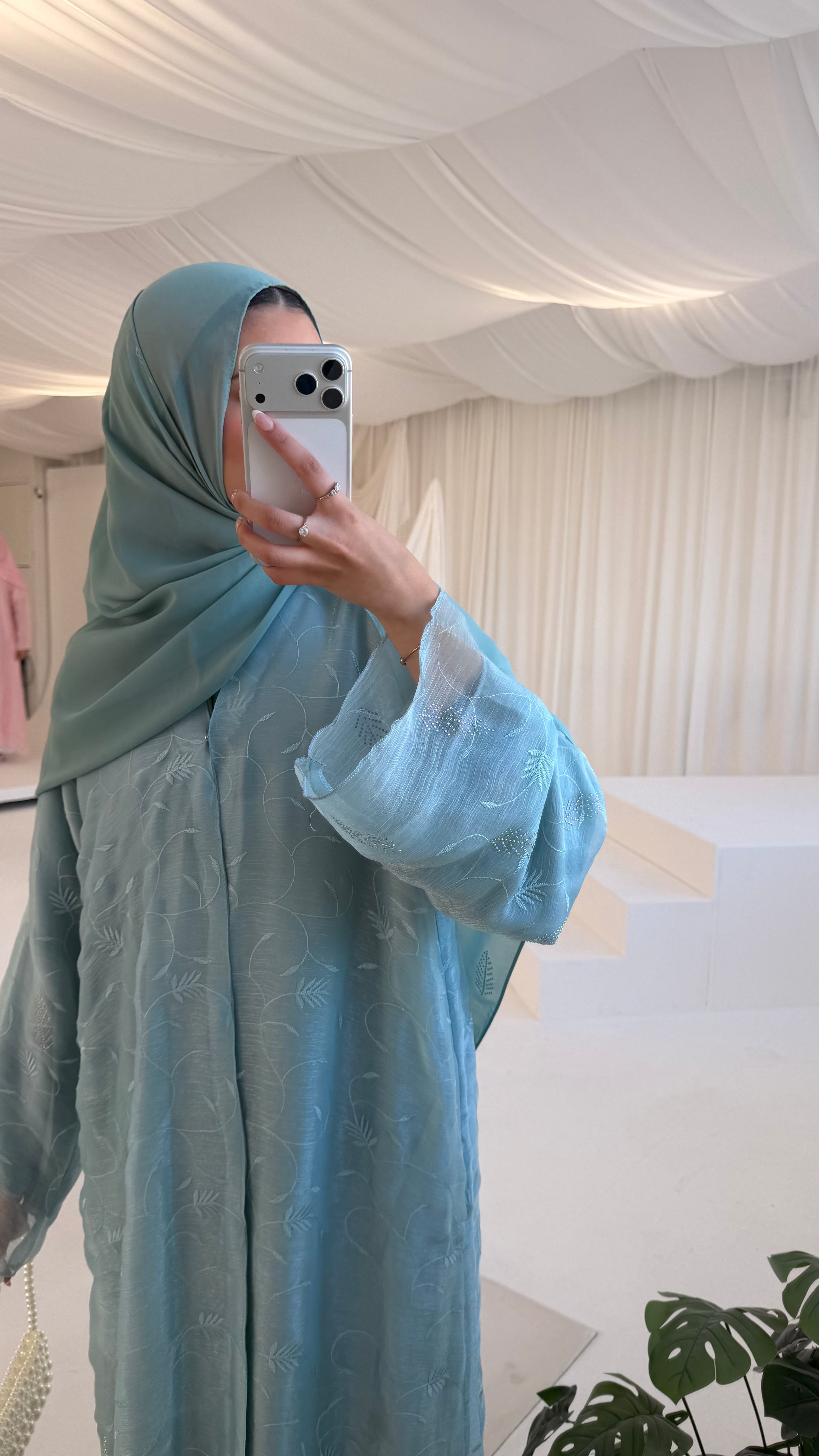 Soft Sage Blue Embroidered Abaya matching hijab
