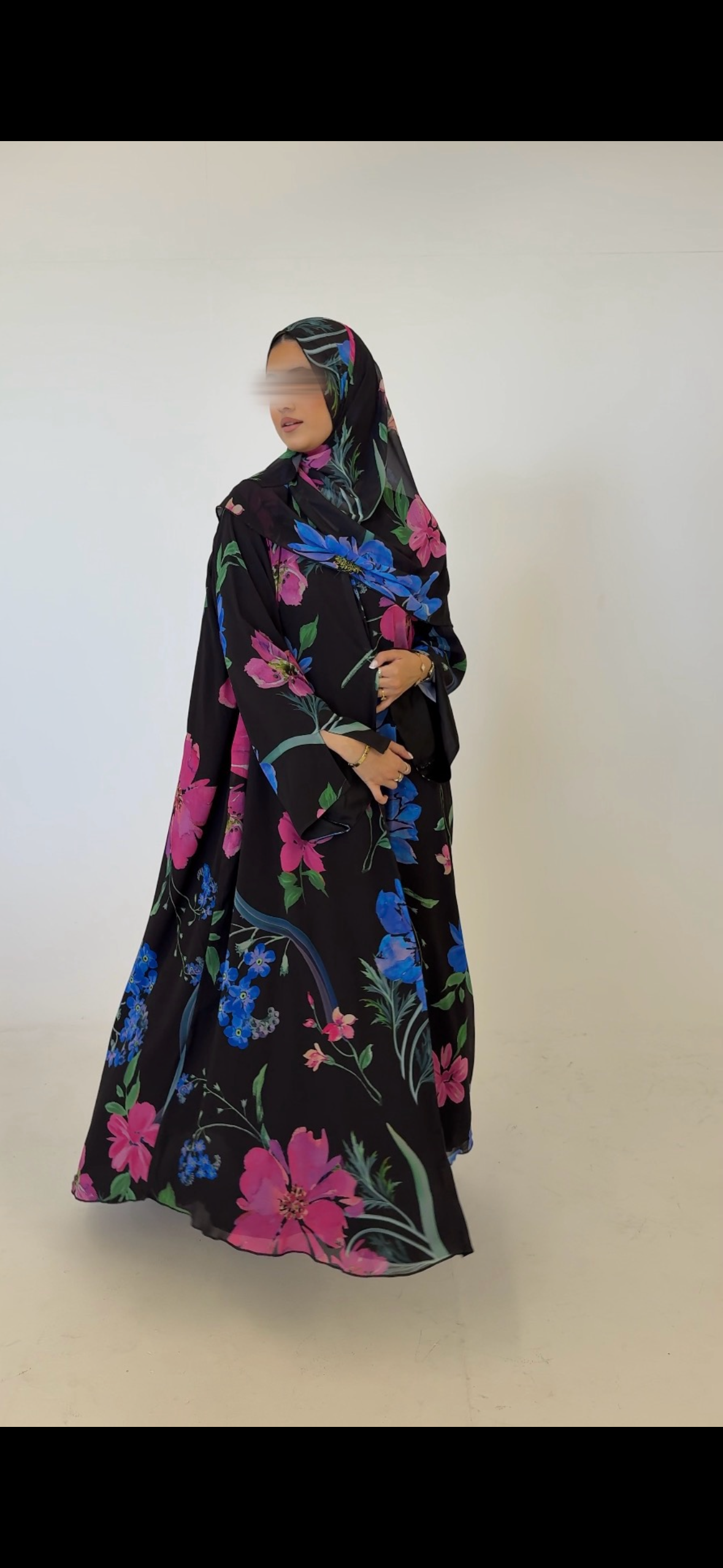 MIDNIGHT GARDENIA | Luxury Floral Chiffon Open Abaya With Matching Hijab