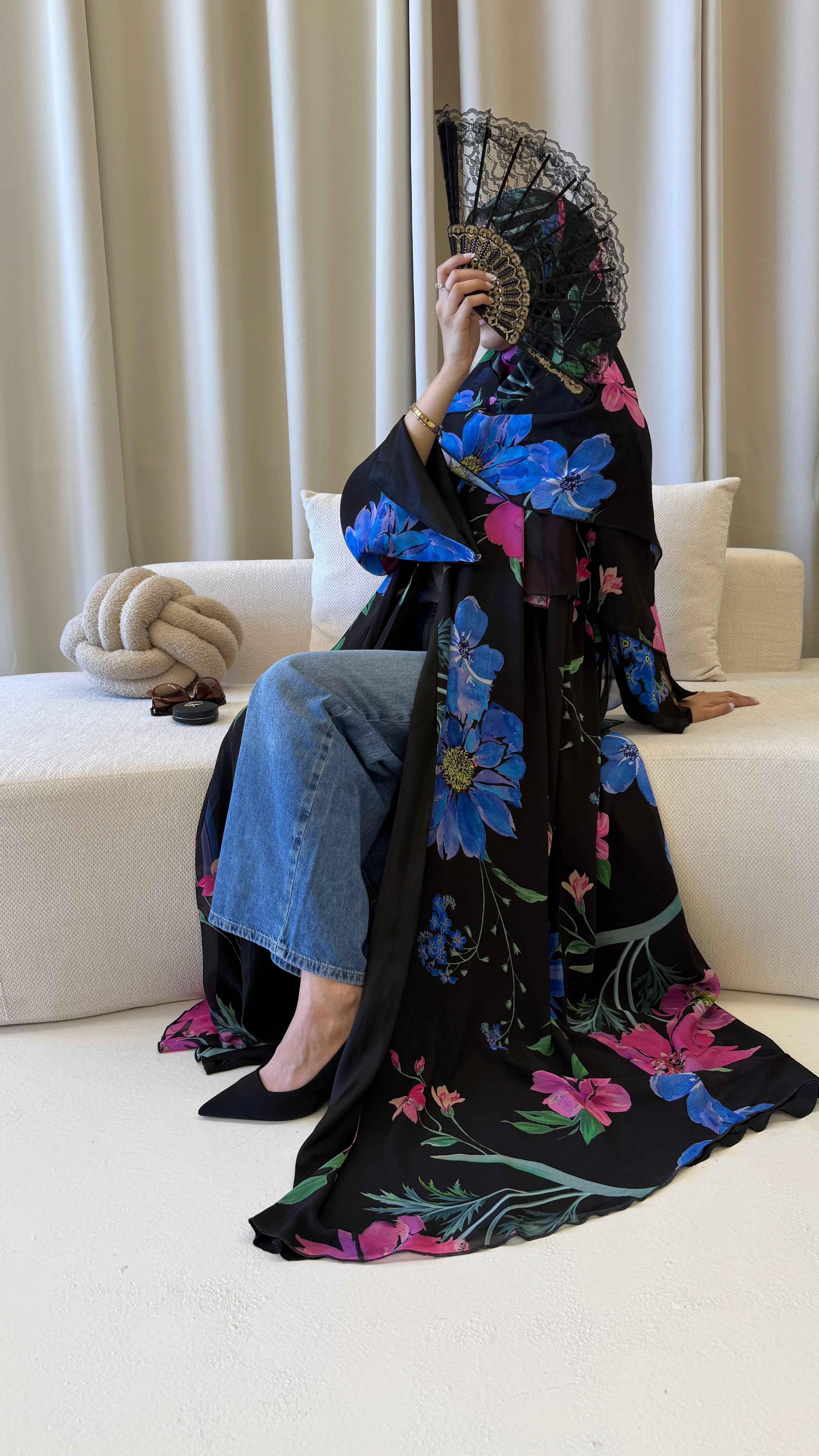 MIDNIGHT GARDENIA | Luxury Floral Chiffon Open Abaya With Matching Hijab