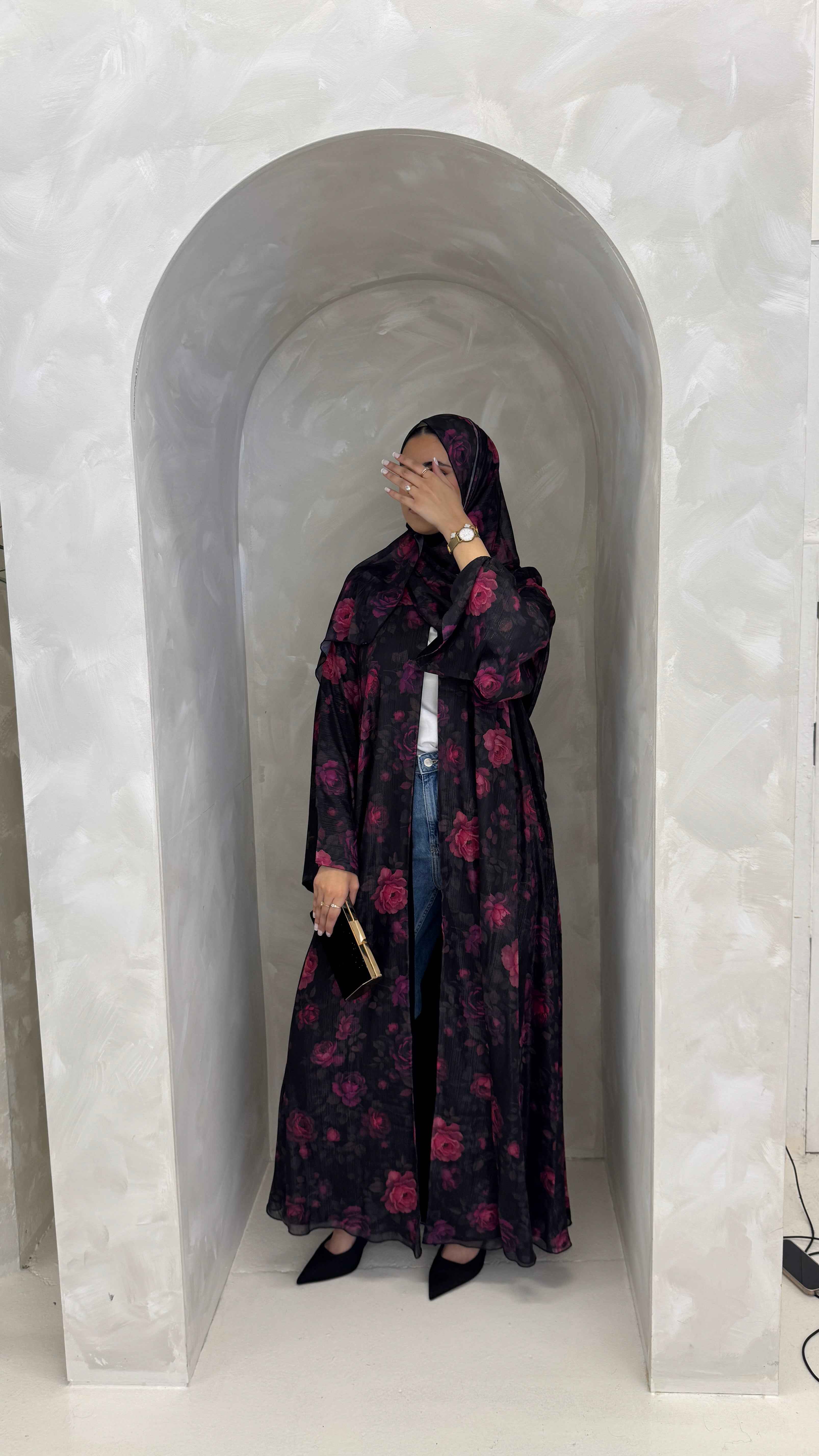 MIDNIGHT ROSÉ | Luxury Floral Chiffon Open Abaya With Matching Hijab