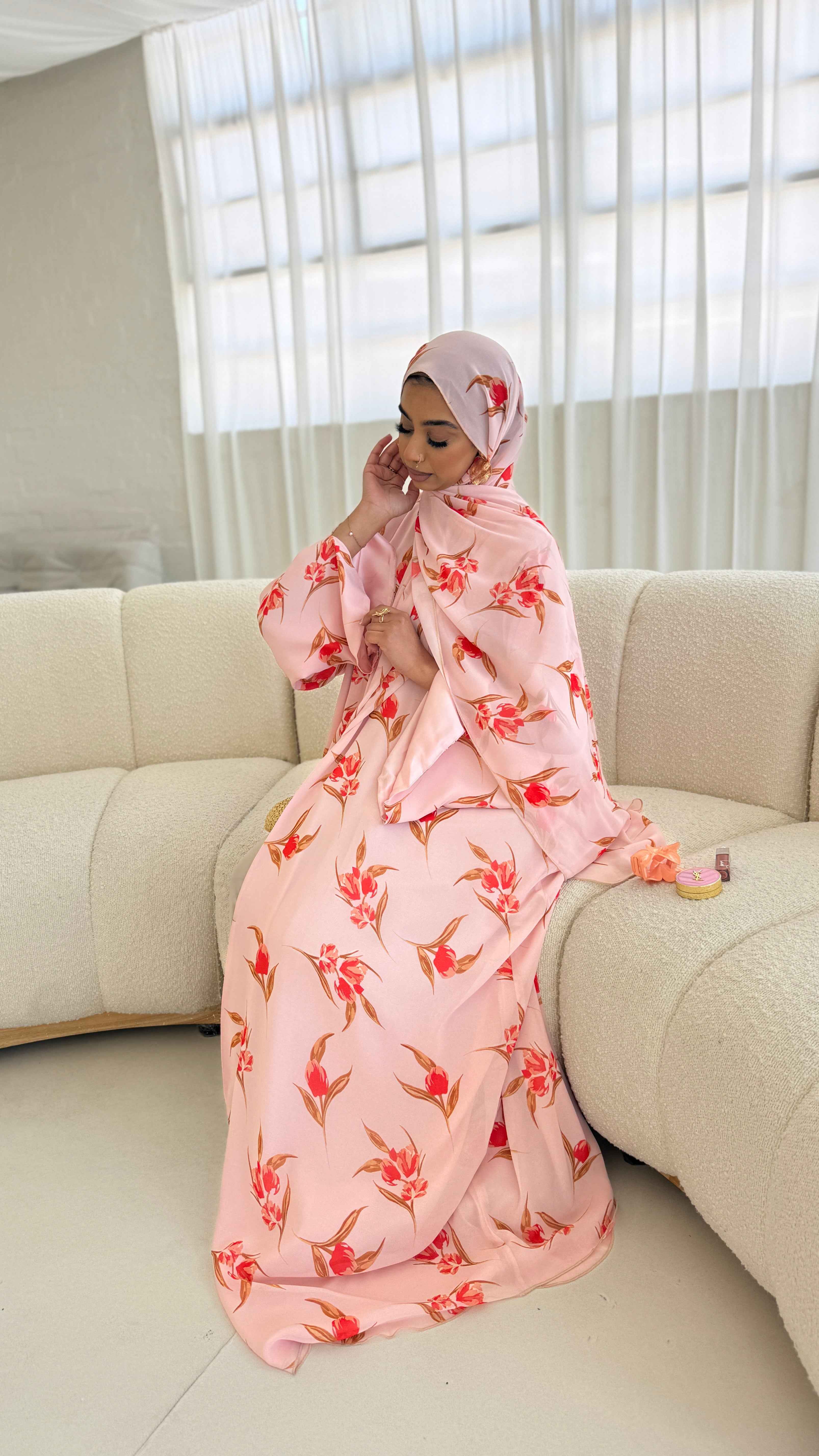 PETAL BLOOM | Luxury Floral Chiffon Open Abaya With Matching Hijab