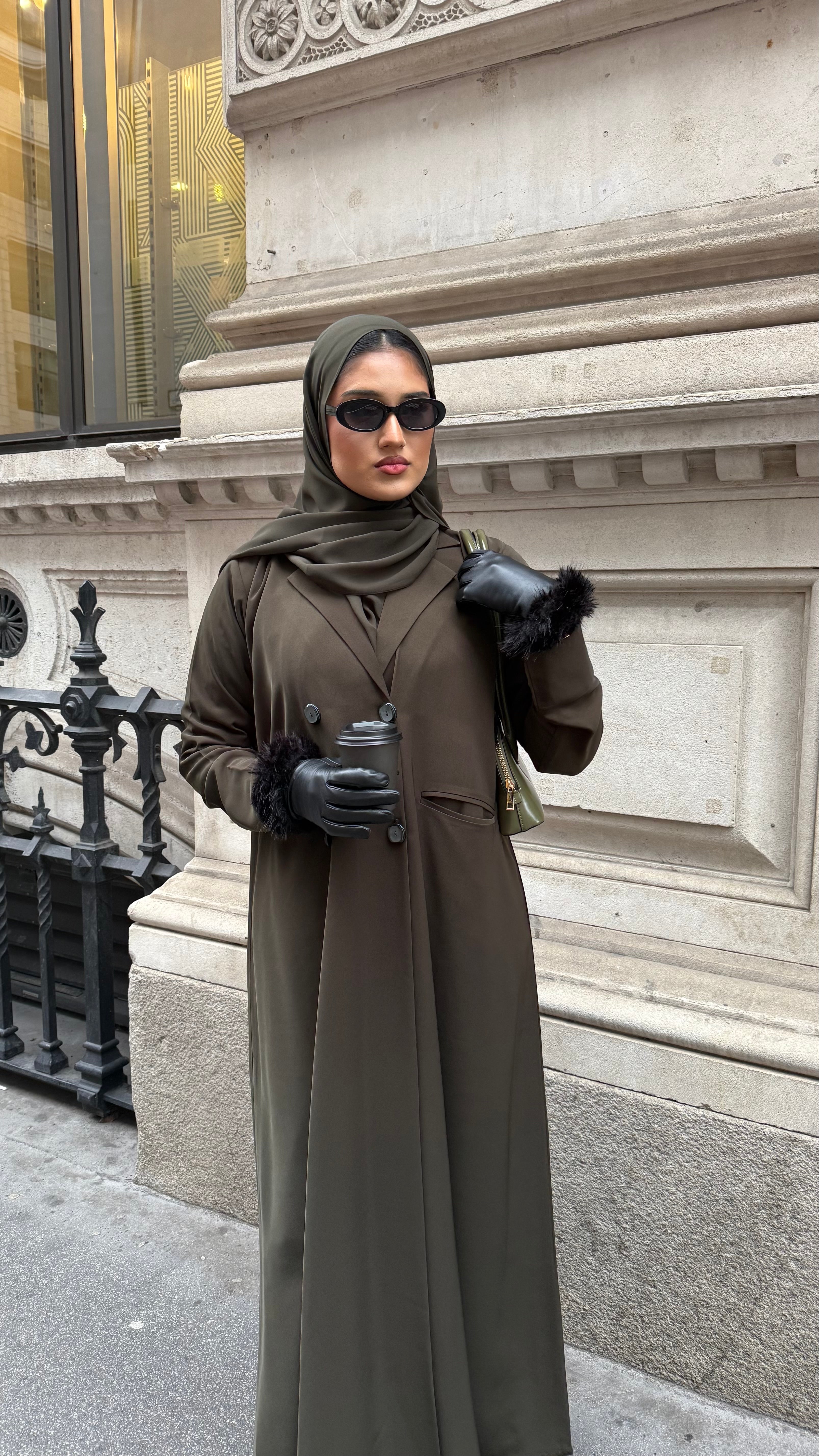 Deep khaki olive blazer abaya with matching hijab