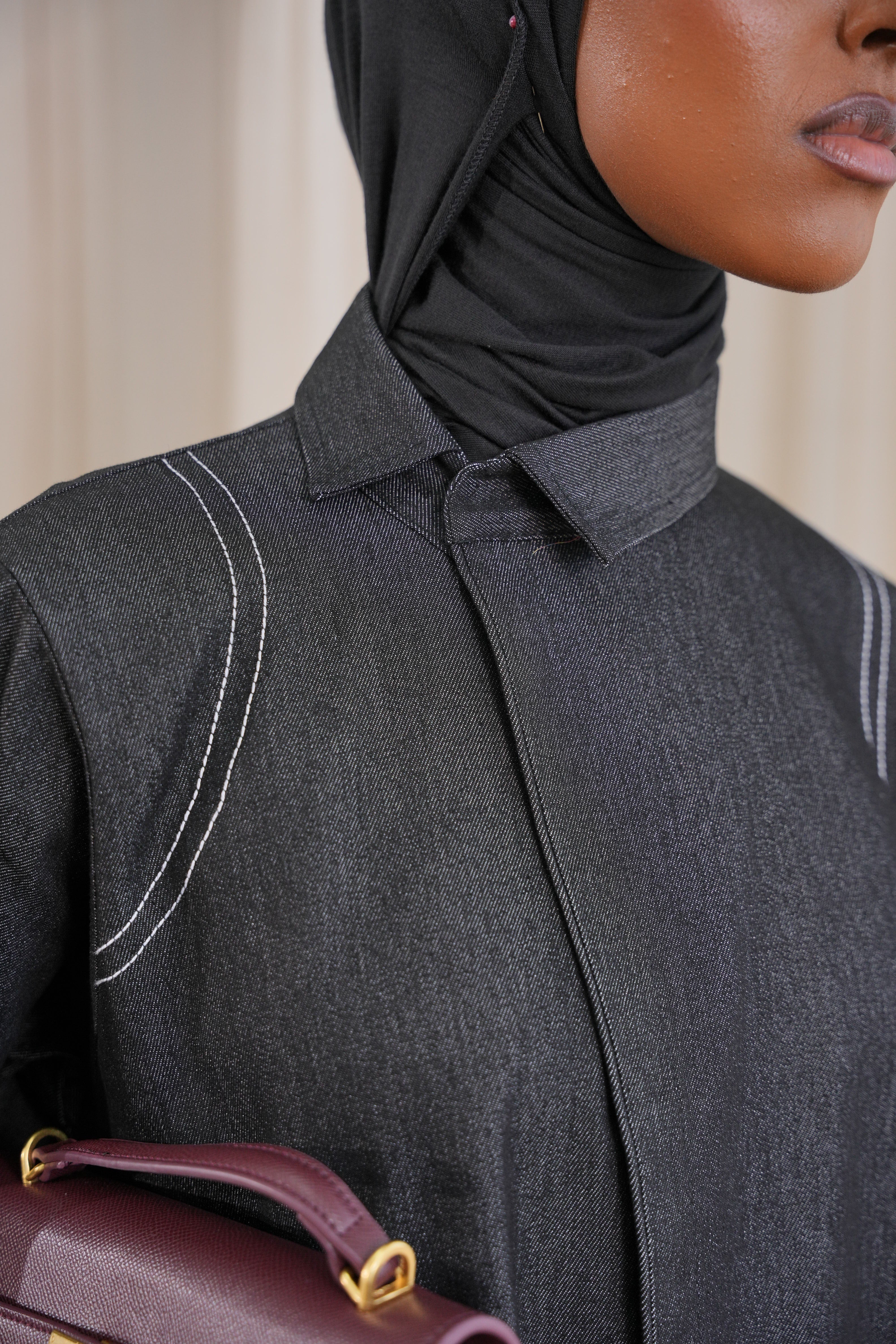 Black Contrast Denim Abaya