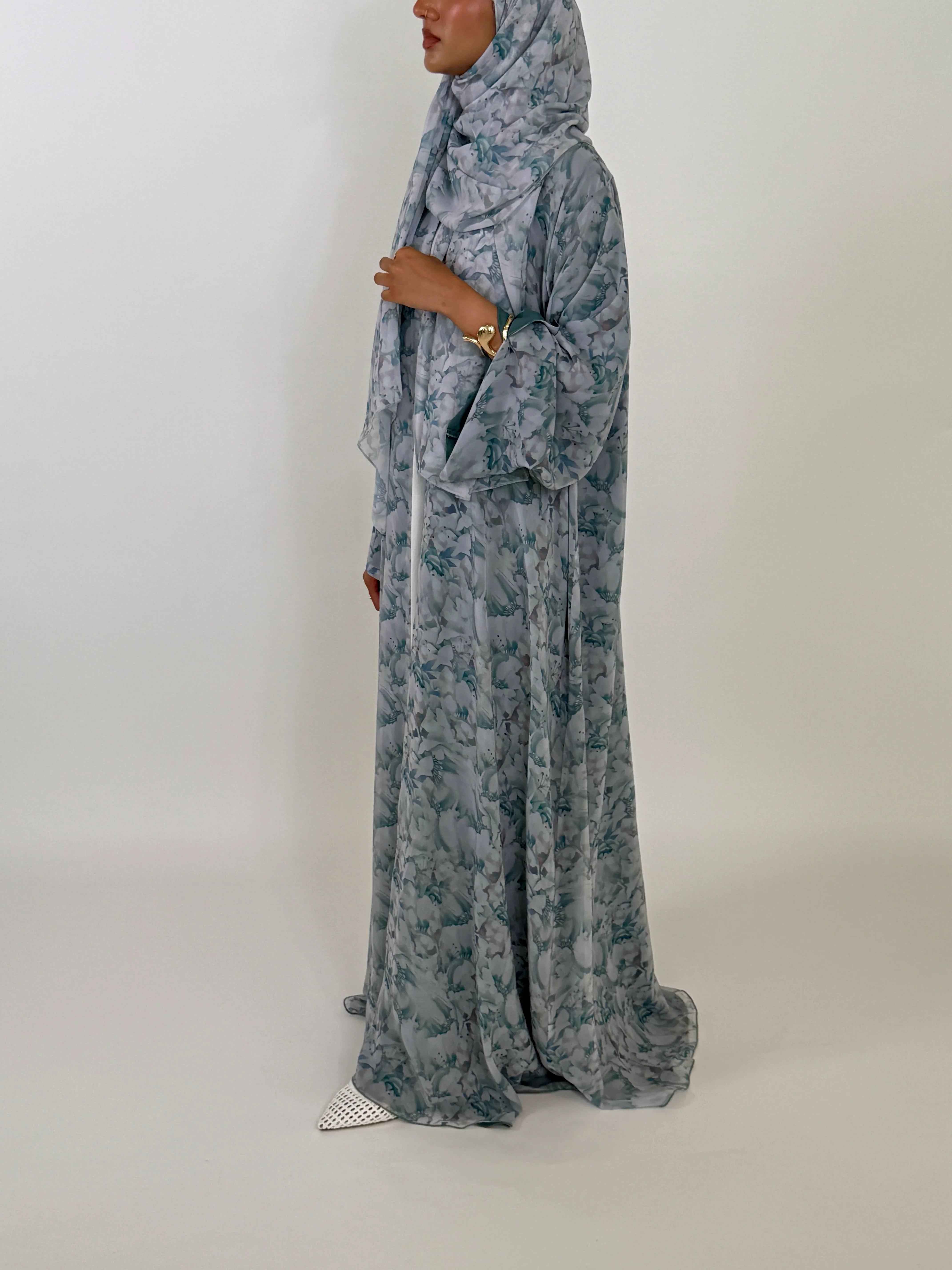 Célavie Abaya – Blue Floral Chiffon Open Abaya with Matching Hijab