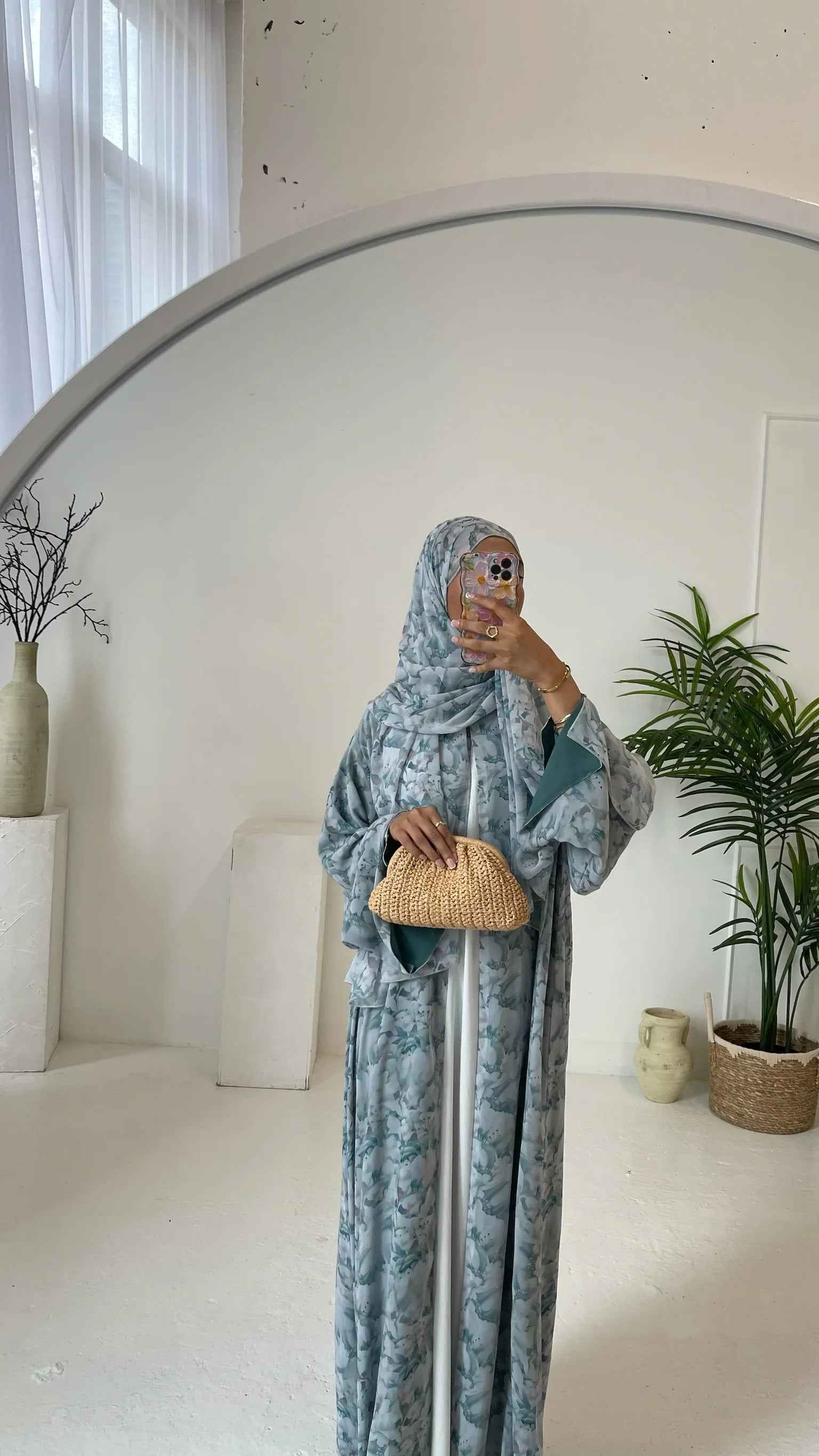 Célavie Abaya – Blue Floral Chiffon Open Abaya with Matching Hijab