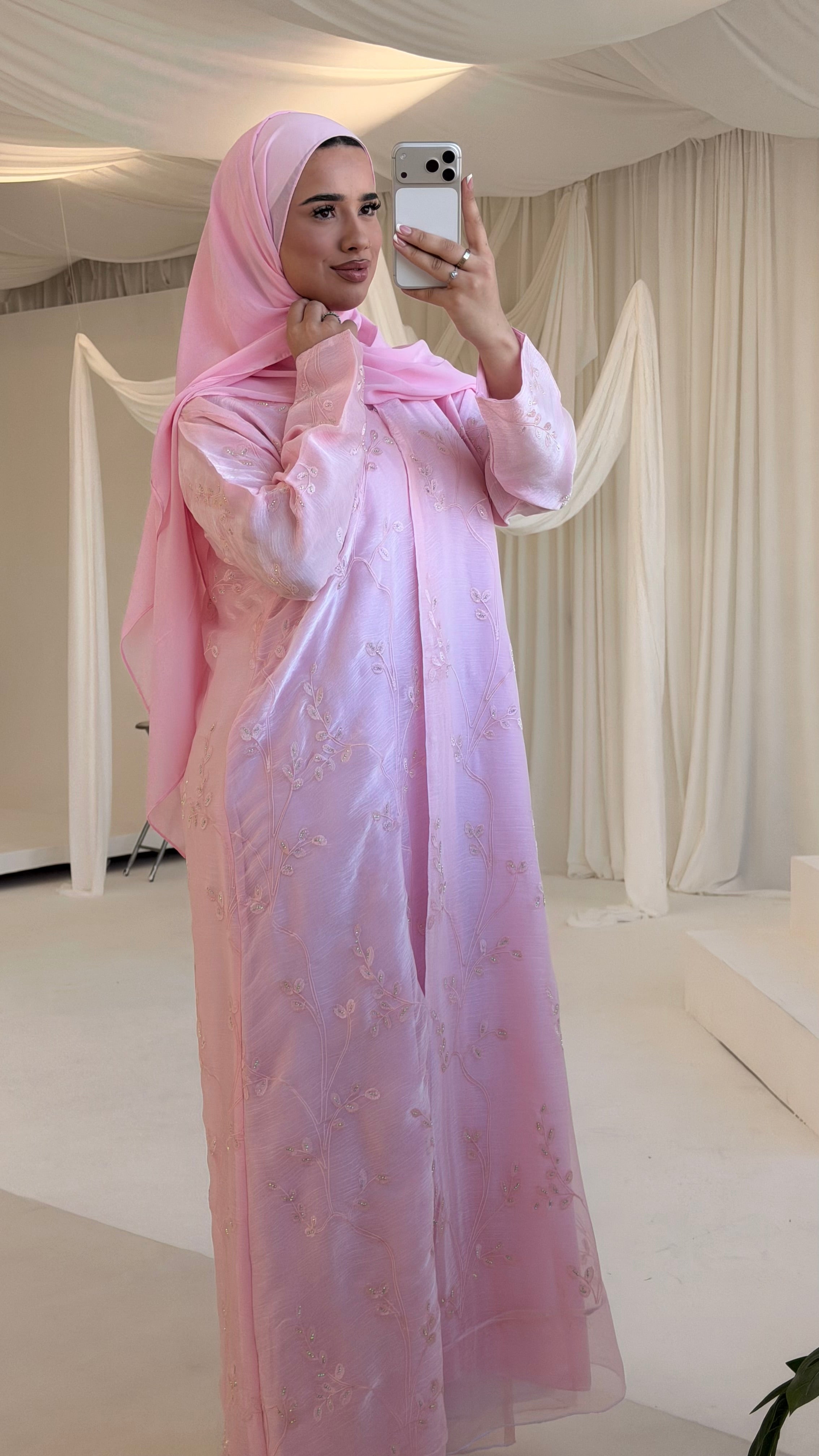 Blush Embroidered Eid Abaya + matching hijab