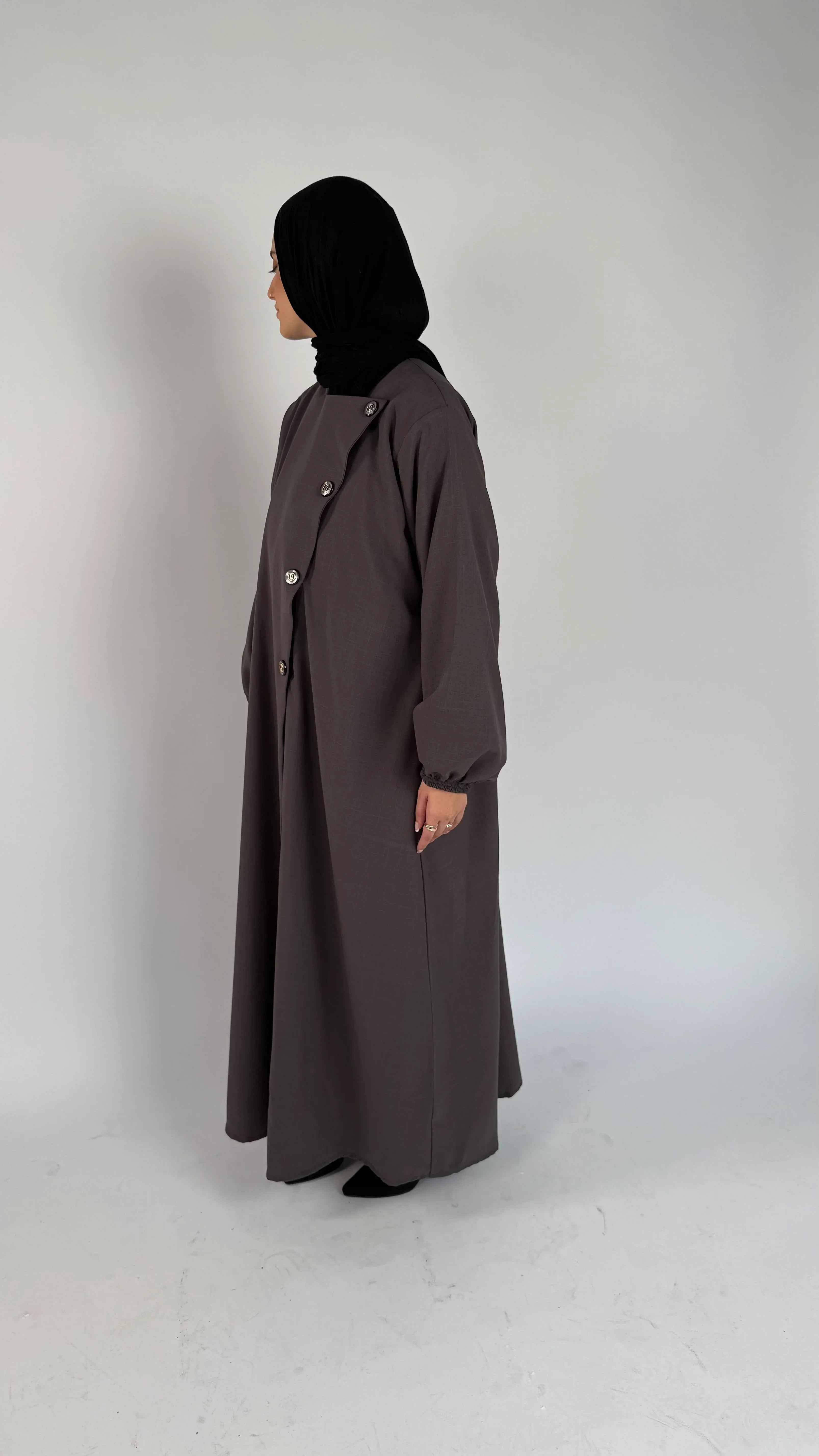 Luxury Brown Abaya with Asymmetrical Buttons – Limited Edition Premium Fabric