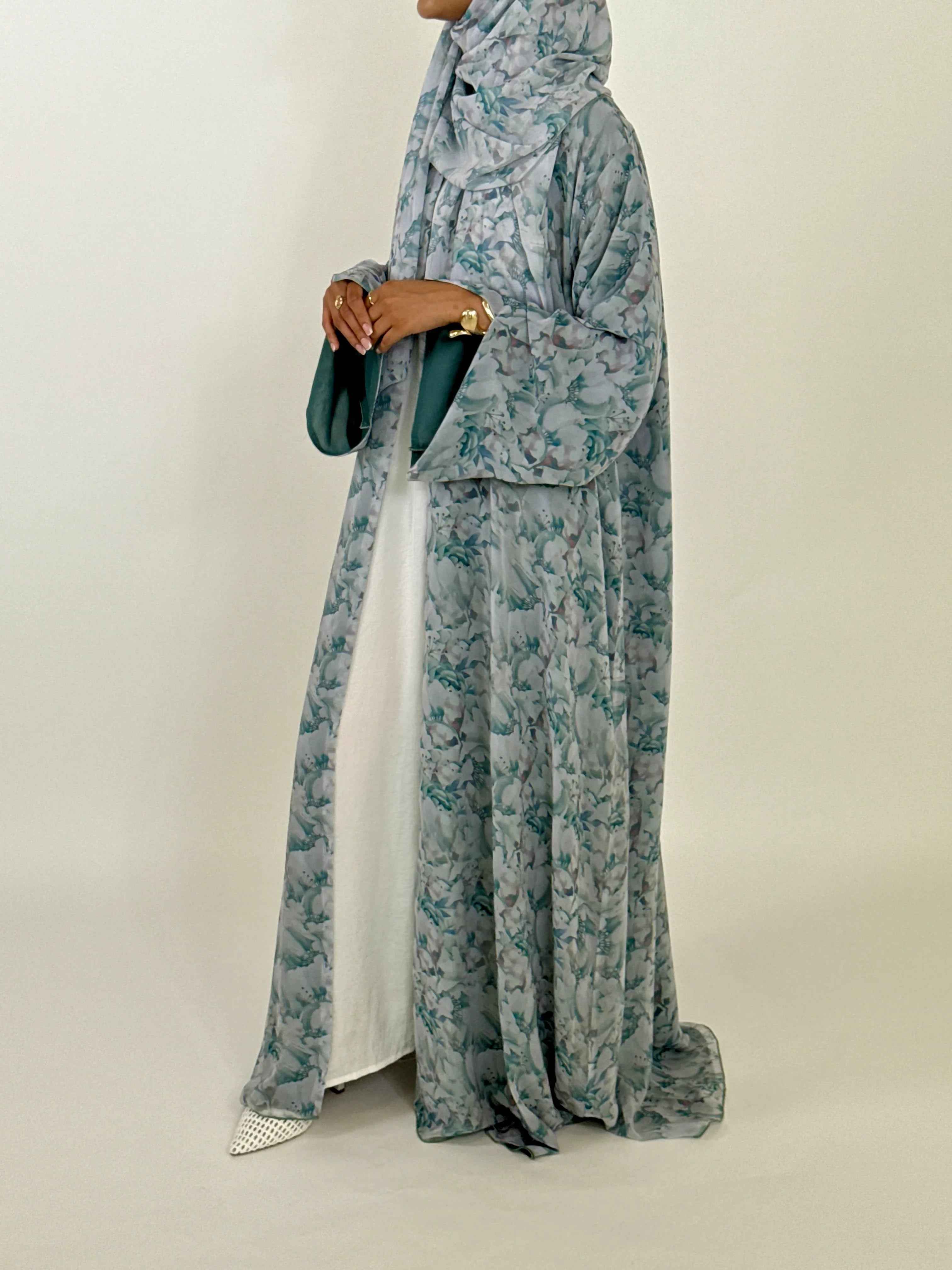 Célavie Abaya – Blue Floral Chiffon Open Abaya with Matching Hijab