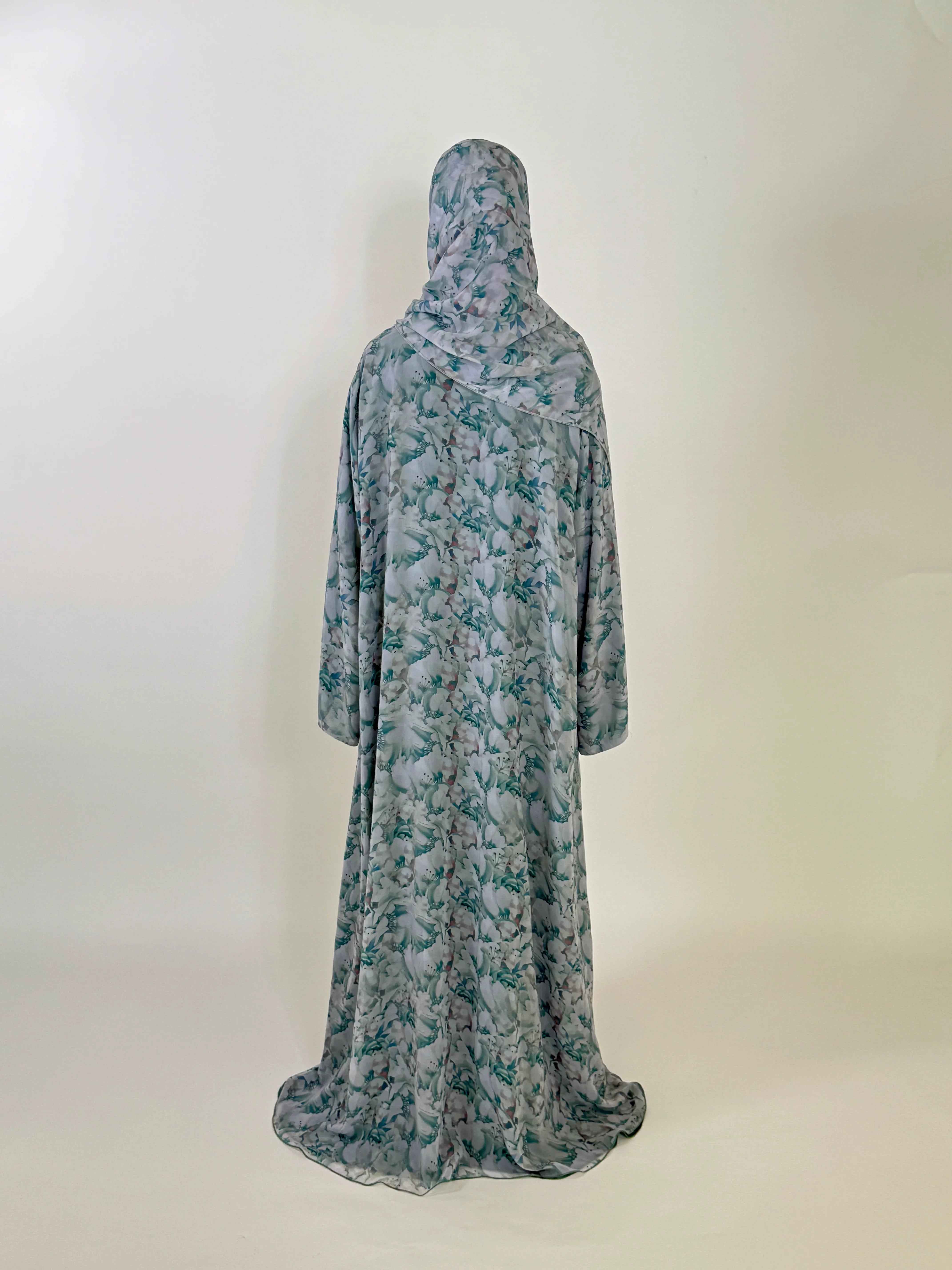 Célavie Abaya – Blue Floral Chiffon Open Abaya with Matching Hijab