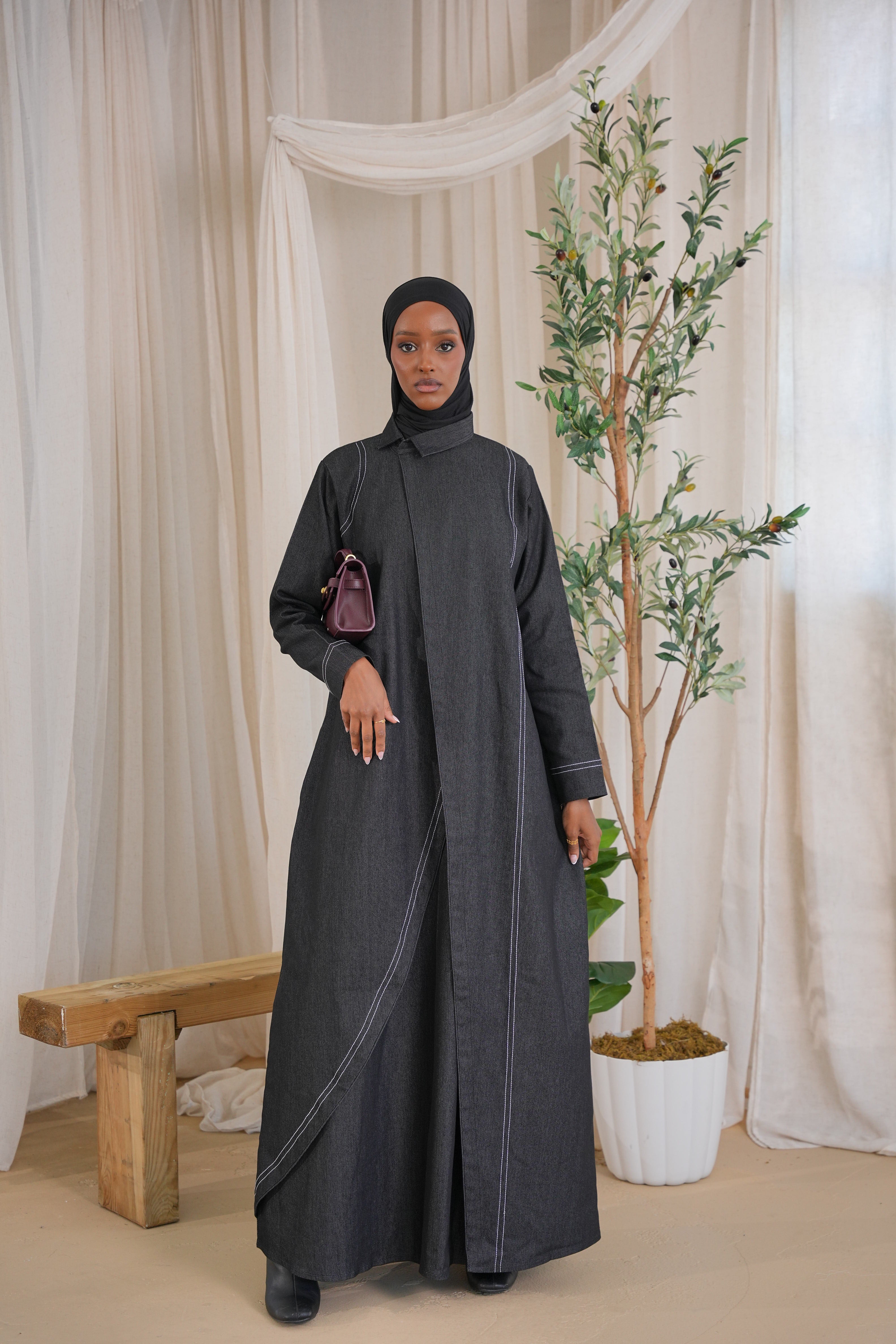 Black Contrast Denim Abaya