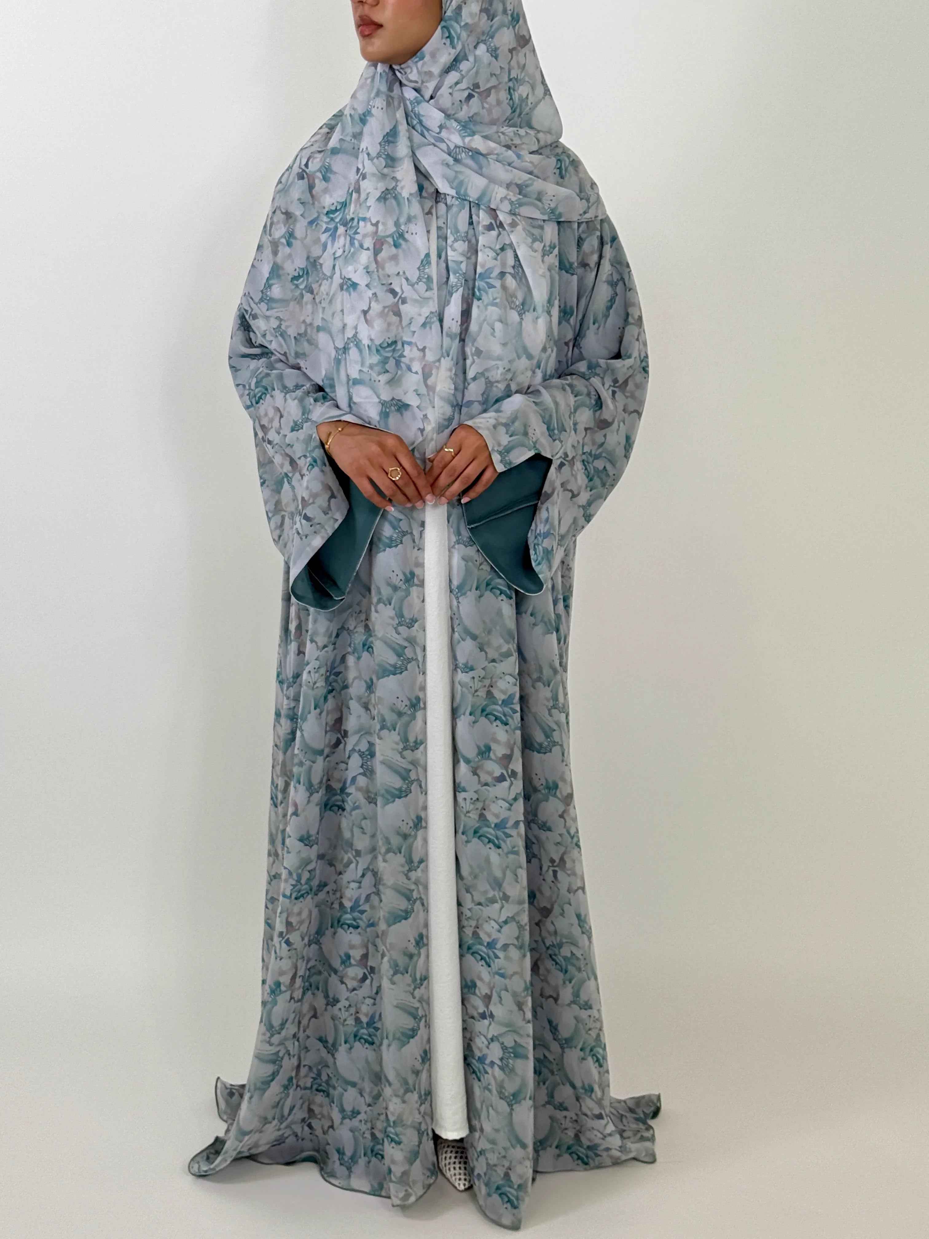 Célavie Abaya – Blue Floral Chiffon Open Abaya with Matching Hijab