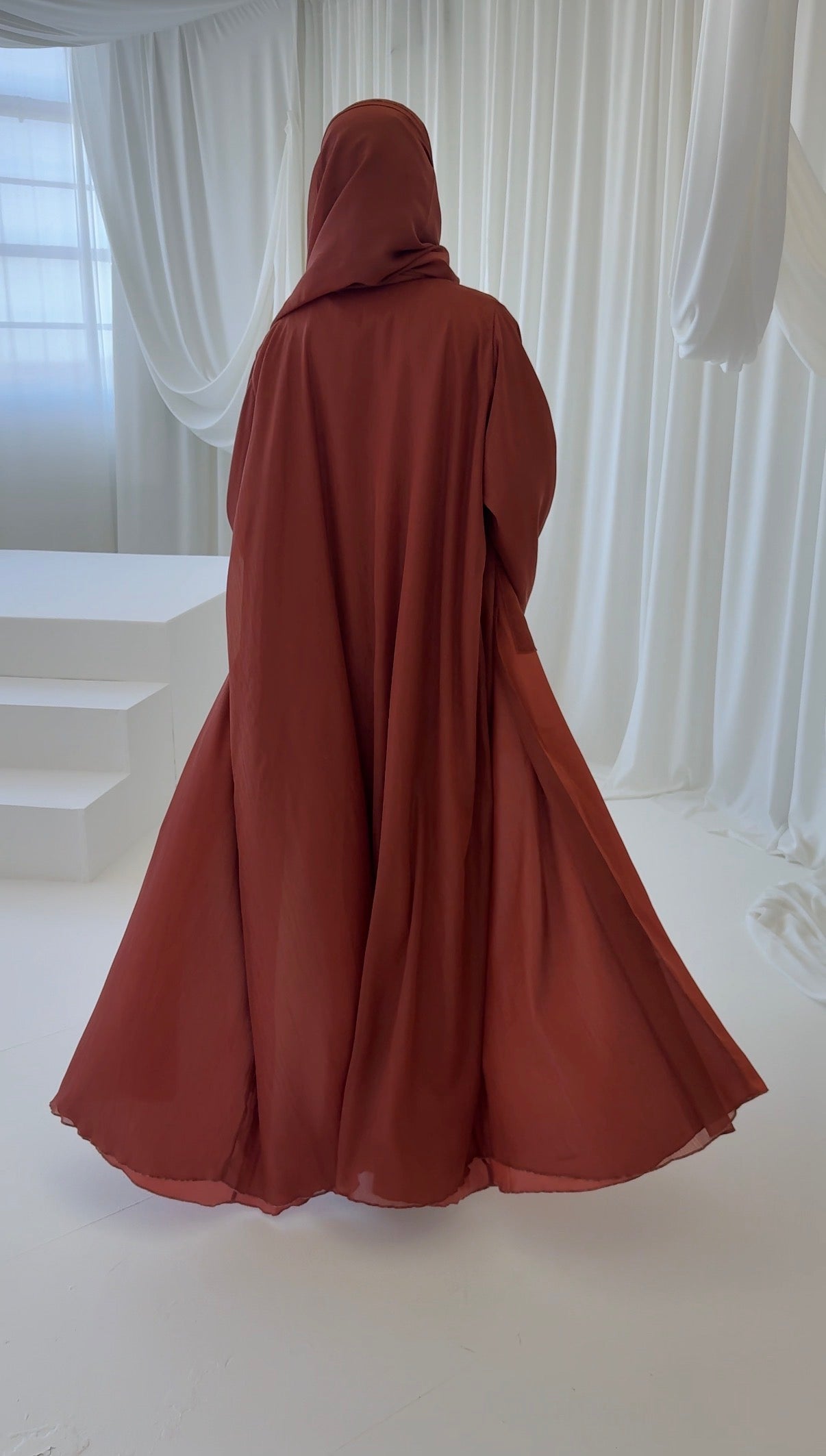 Noura Burnt Orange Zari Open Abaya Set – Fully Lined with Matching Hijab