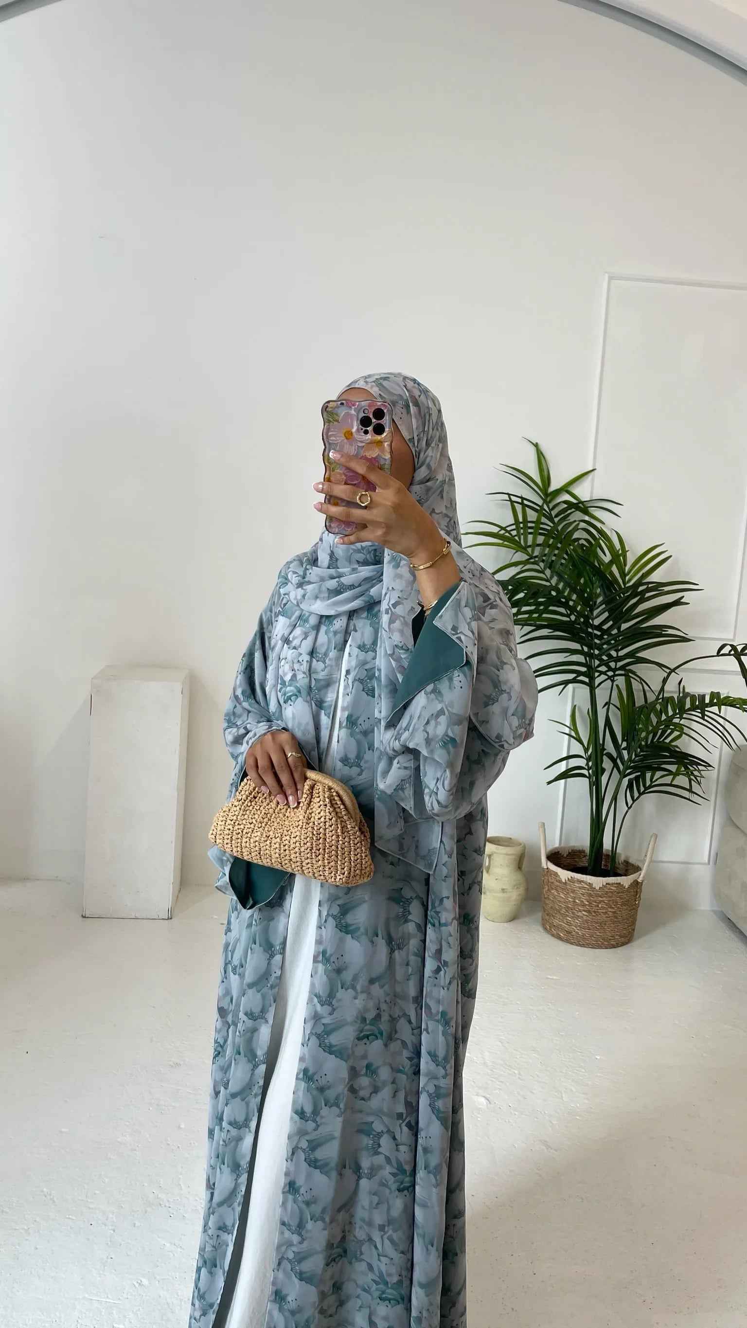 Célavie Abaya – Blue Floral Chiffon Open Abaya with Matching Hijab