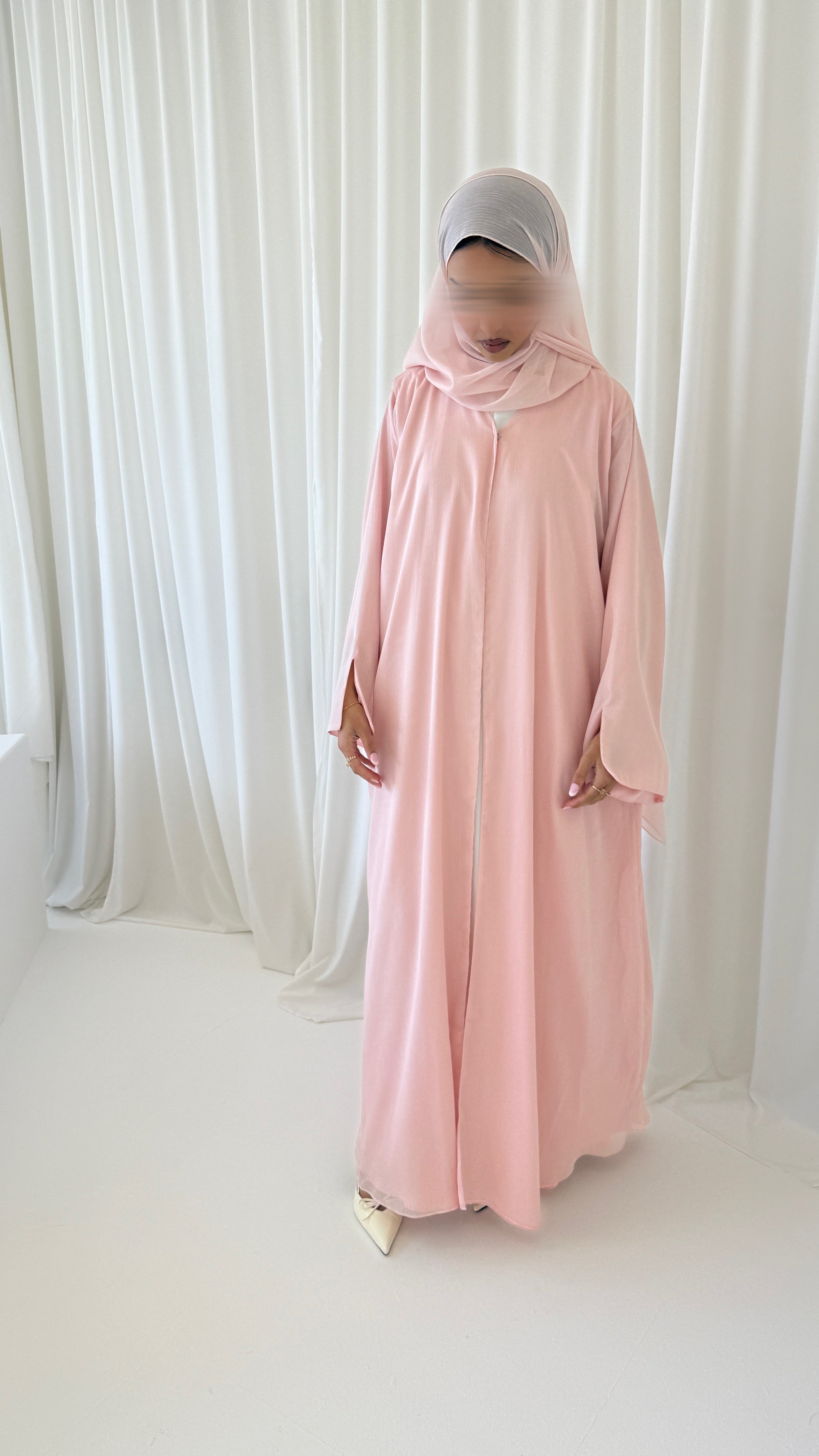 Non refundable-Noura Strawberry Milk Zari Open Abaya Set –Matching Hijab