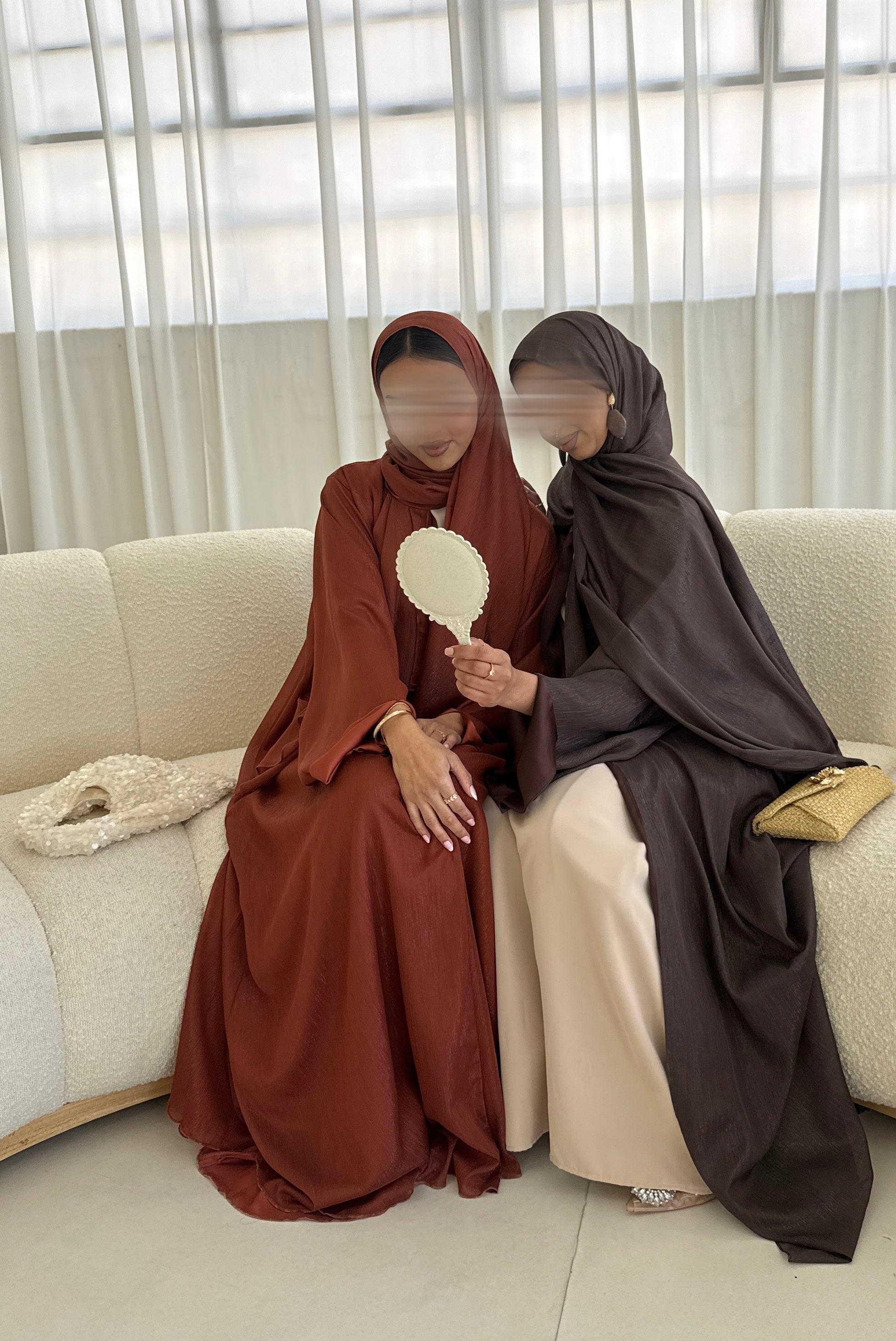 Noura Burnt Orange Zari Open Abaya Set – Fully Lined with Matching Hijab