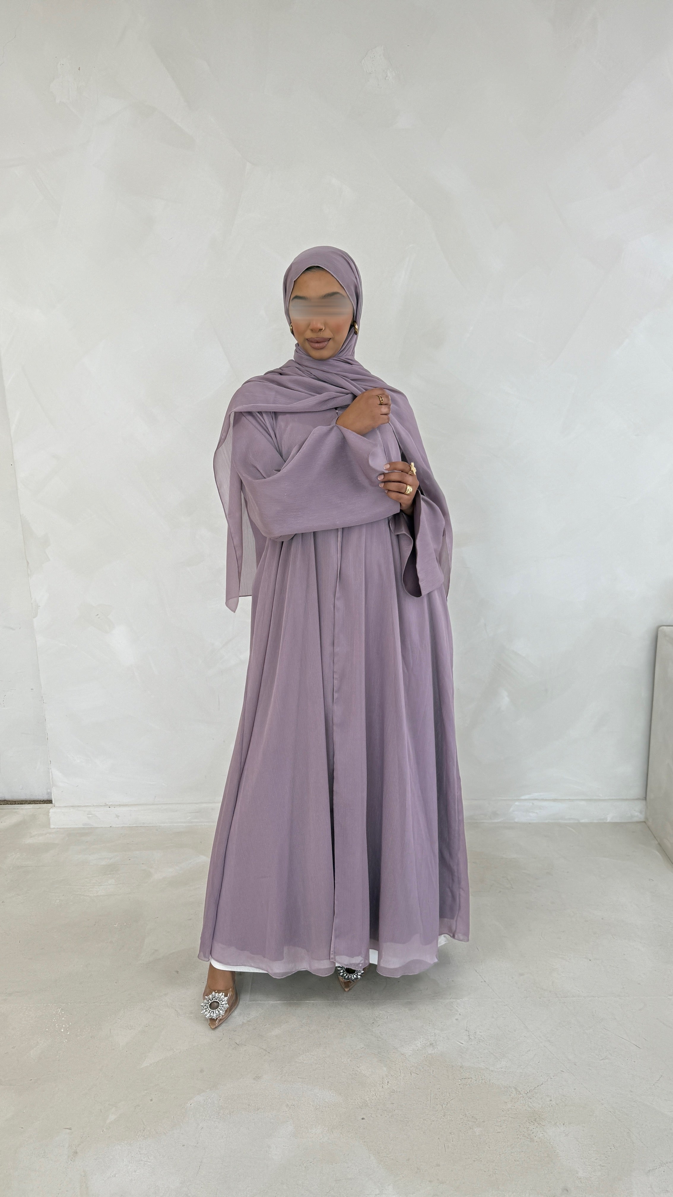 Noura Lavender Zari Open Abaya Set – Fully Lined with Matching Hijab