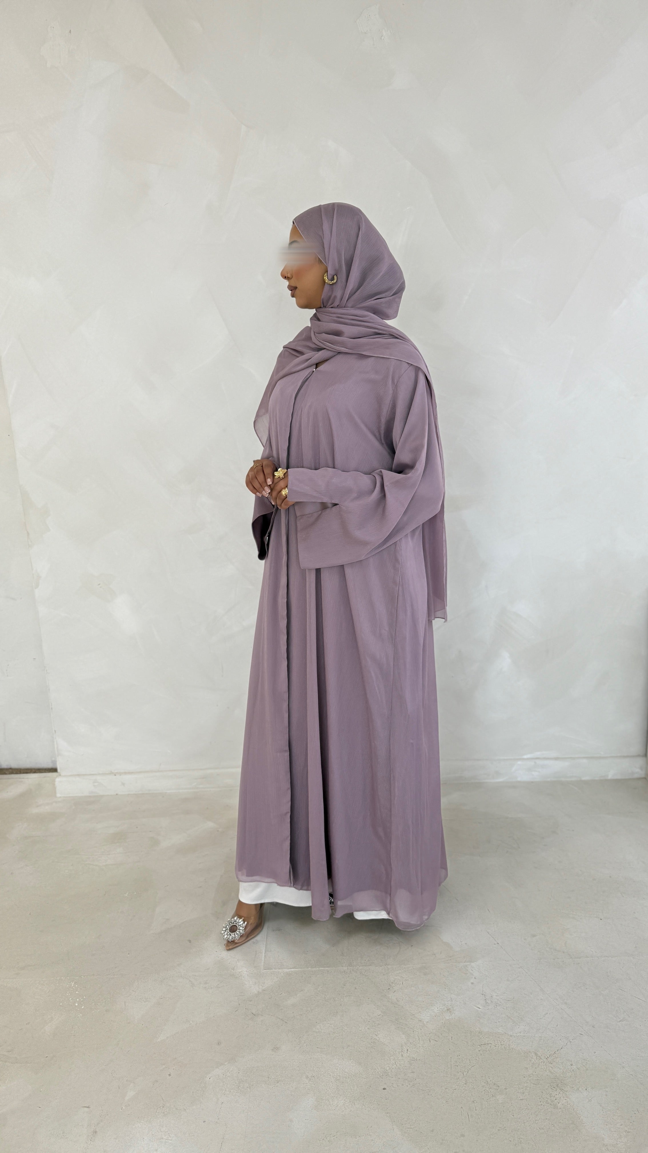 Noura Lavender Zari Open Abaya Set – Fully Lined with Matching Hijab