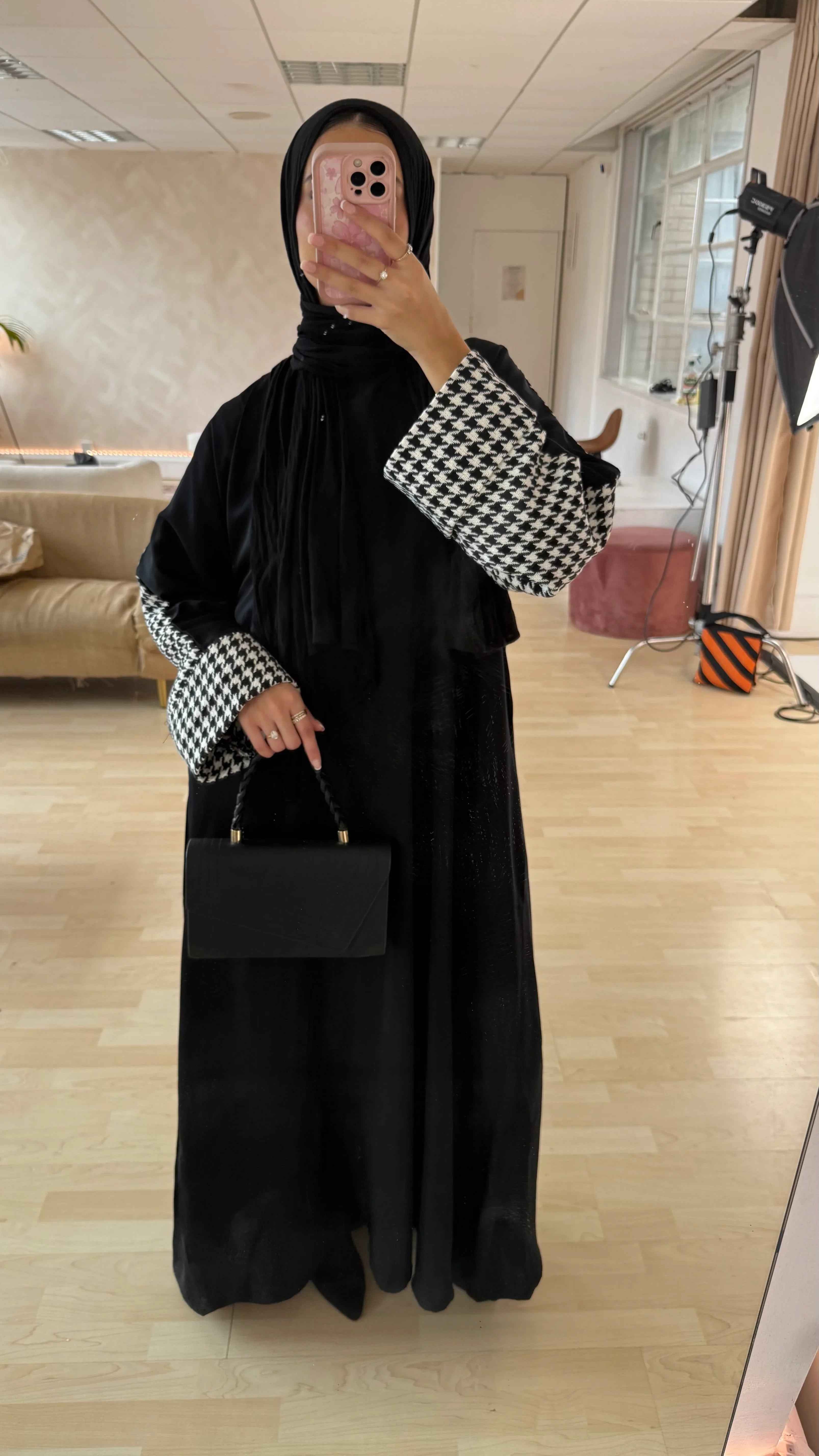 Luxury Houndstooth Abaya – Limited Edition Premium Fabric | Elegant Modest Wear