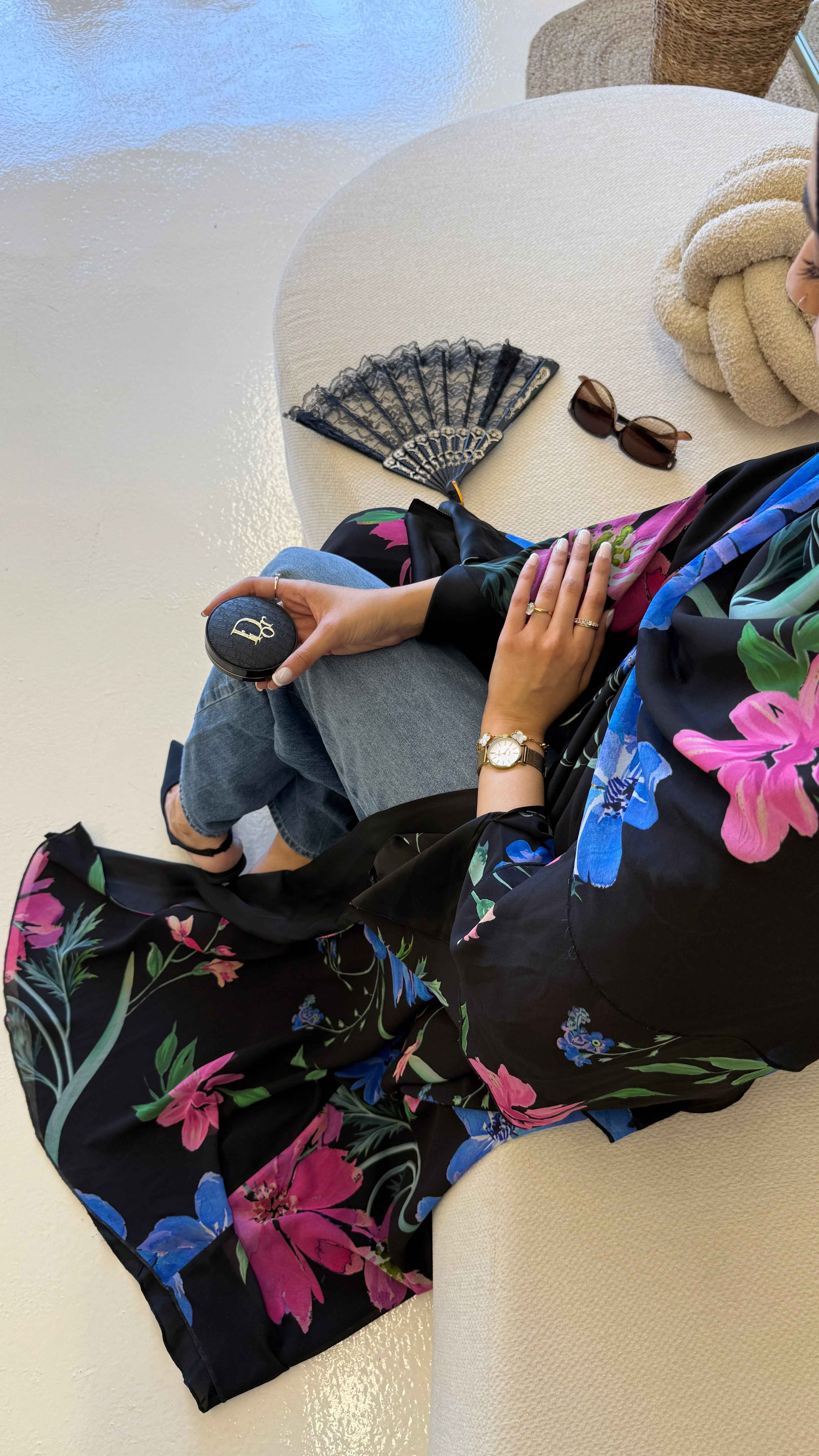 MIDNIGHT GARDENIA | Luxury Floral Chiffon Open Abaya With Matching Hijab