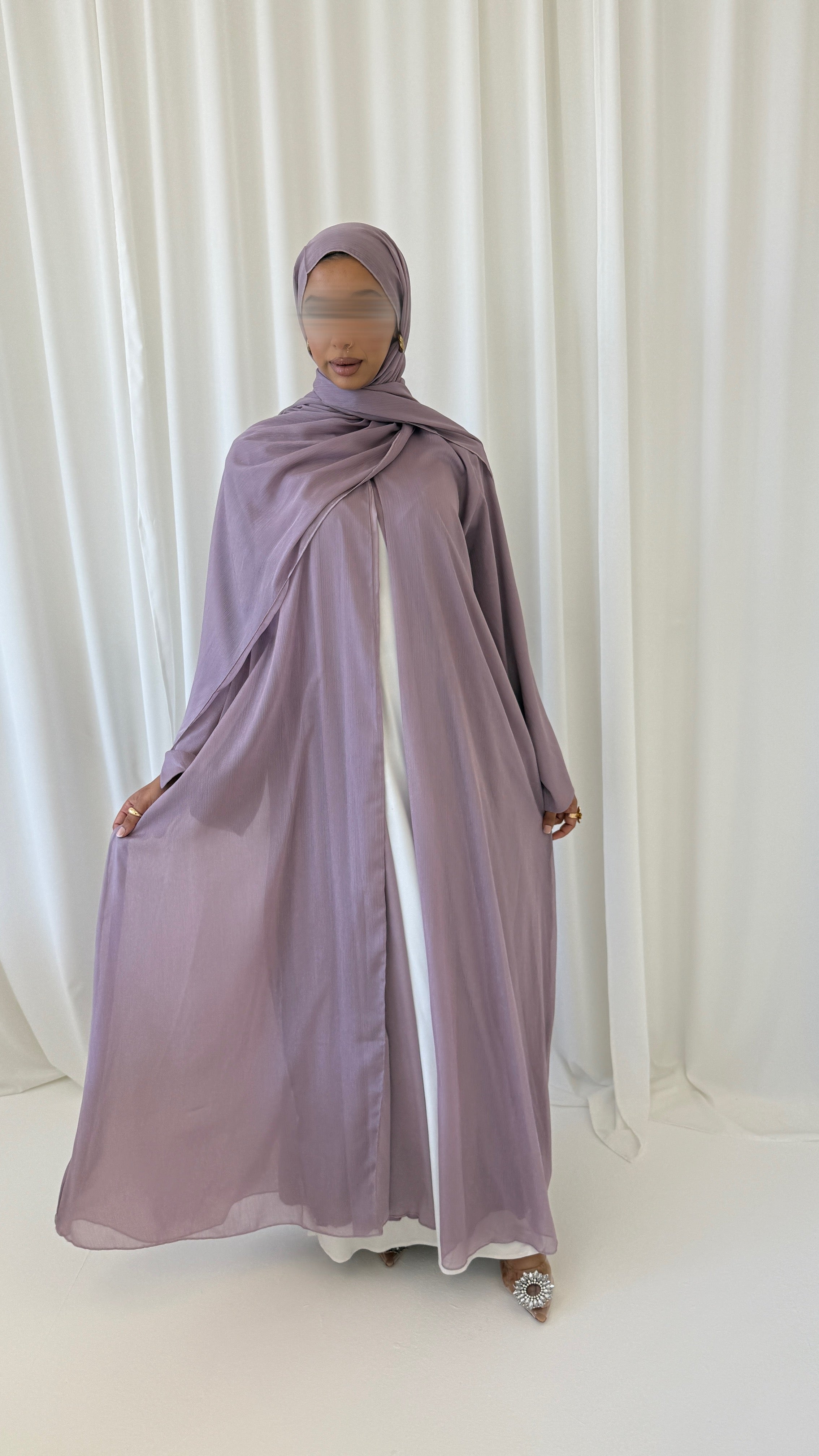 Noura Lavender Zari Open Abaya Set – Fully Lined with Matching Hijab