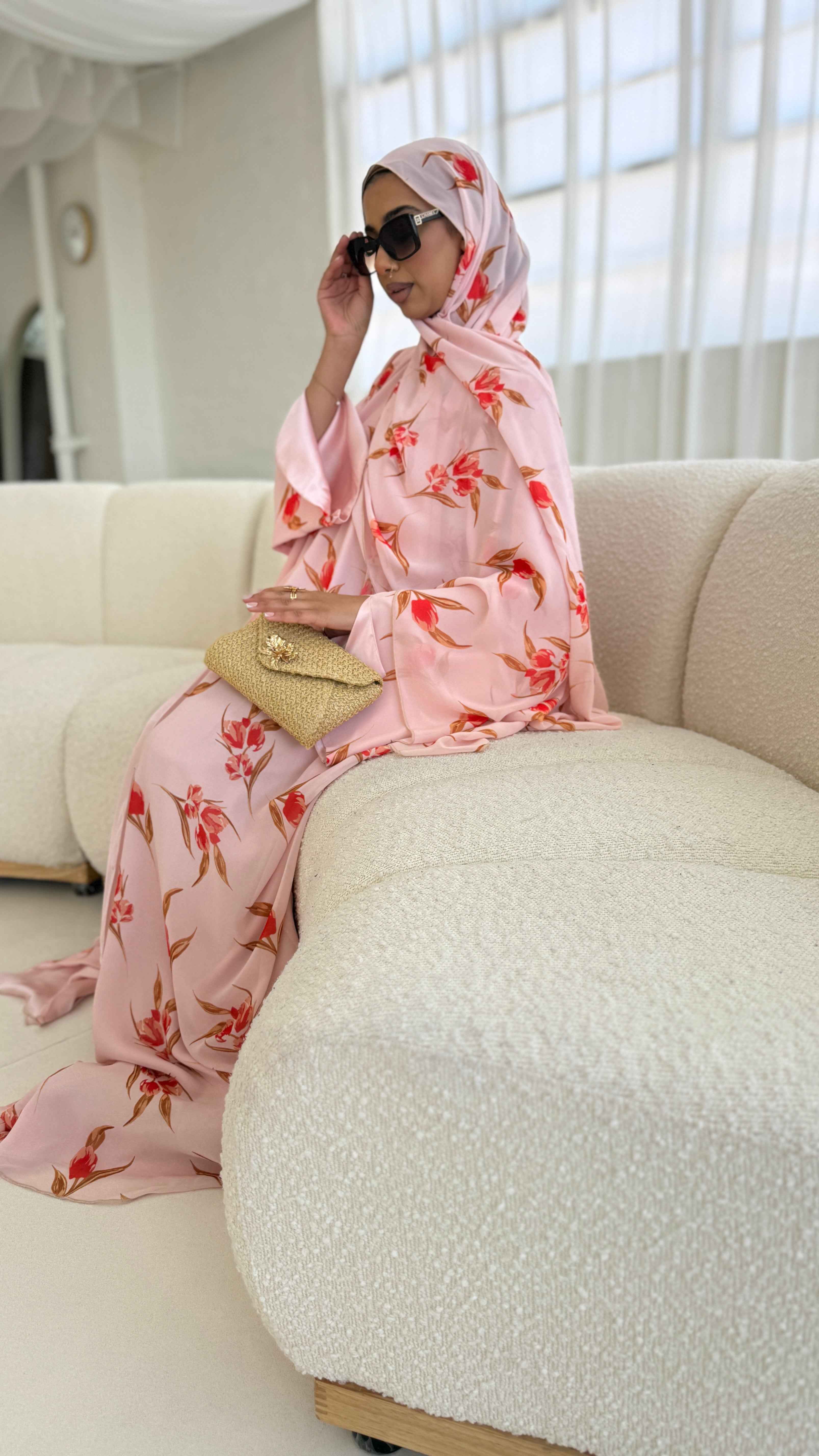 PETAL BLOOM | Luxury Floral Chiffon Open Abaya With Matching Hijab