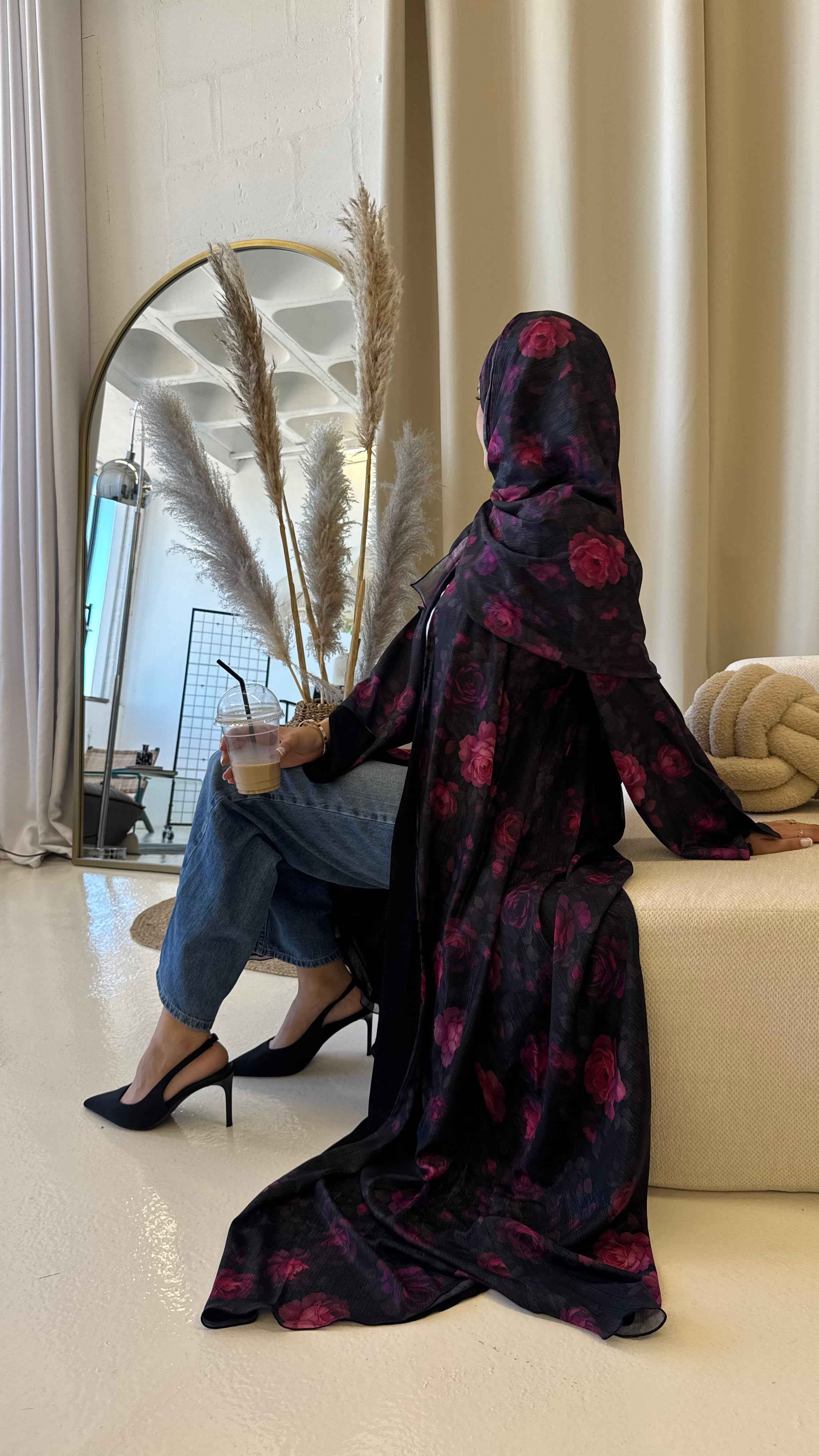 MIDNIGHT ROSÉ | Luxury Floral Chiffon Open Abaya With Matching Hijab