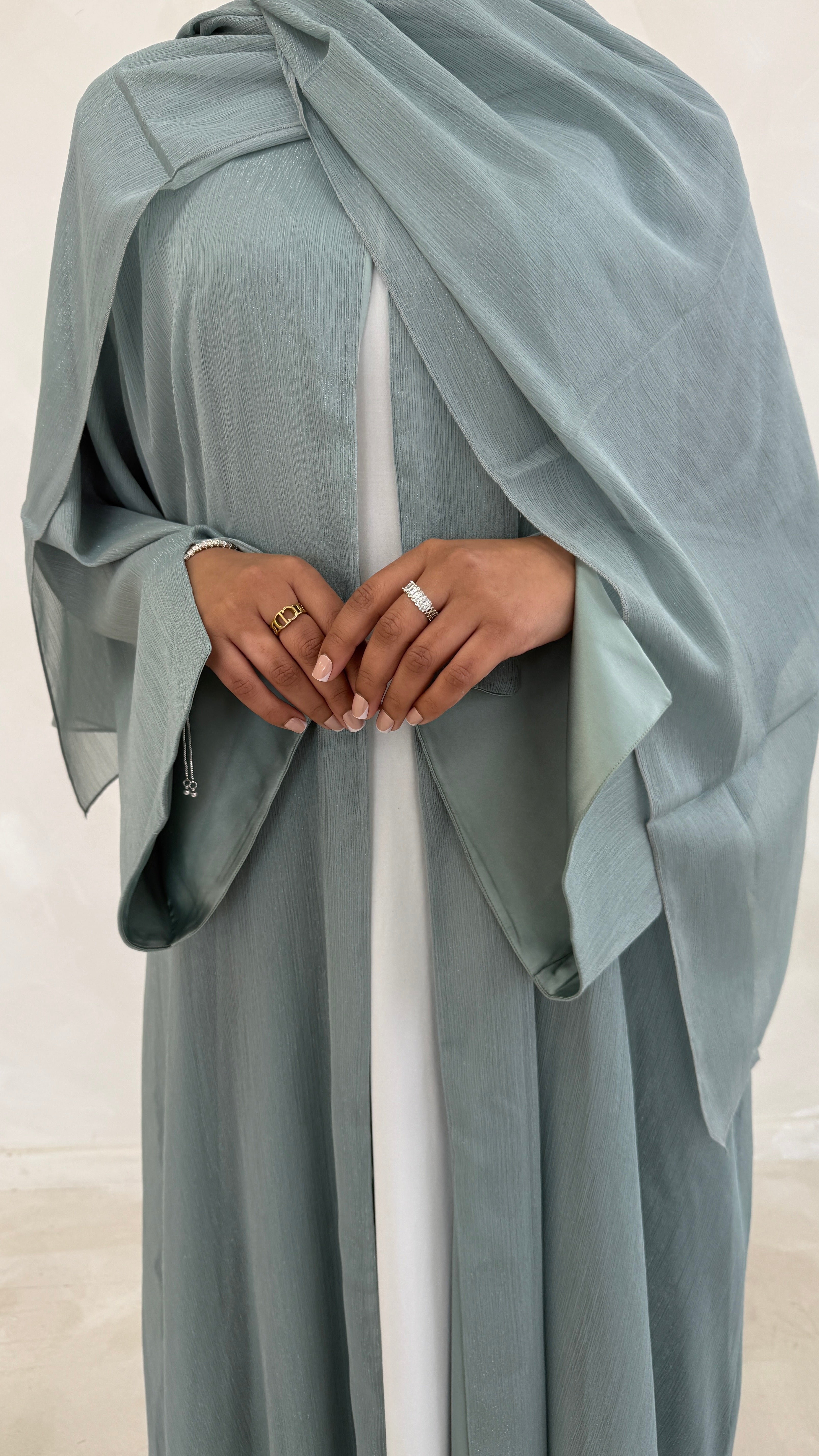 Noura Deep Teal Zari Open Abaya Set – Fully Lined with Matching Hijab