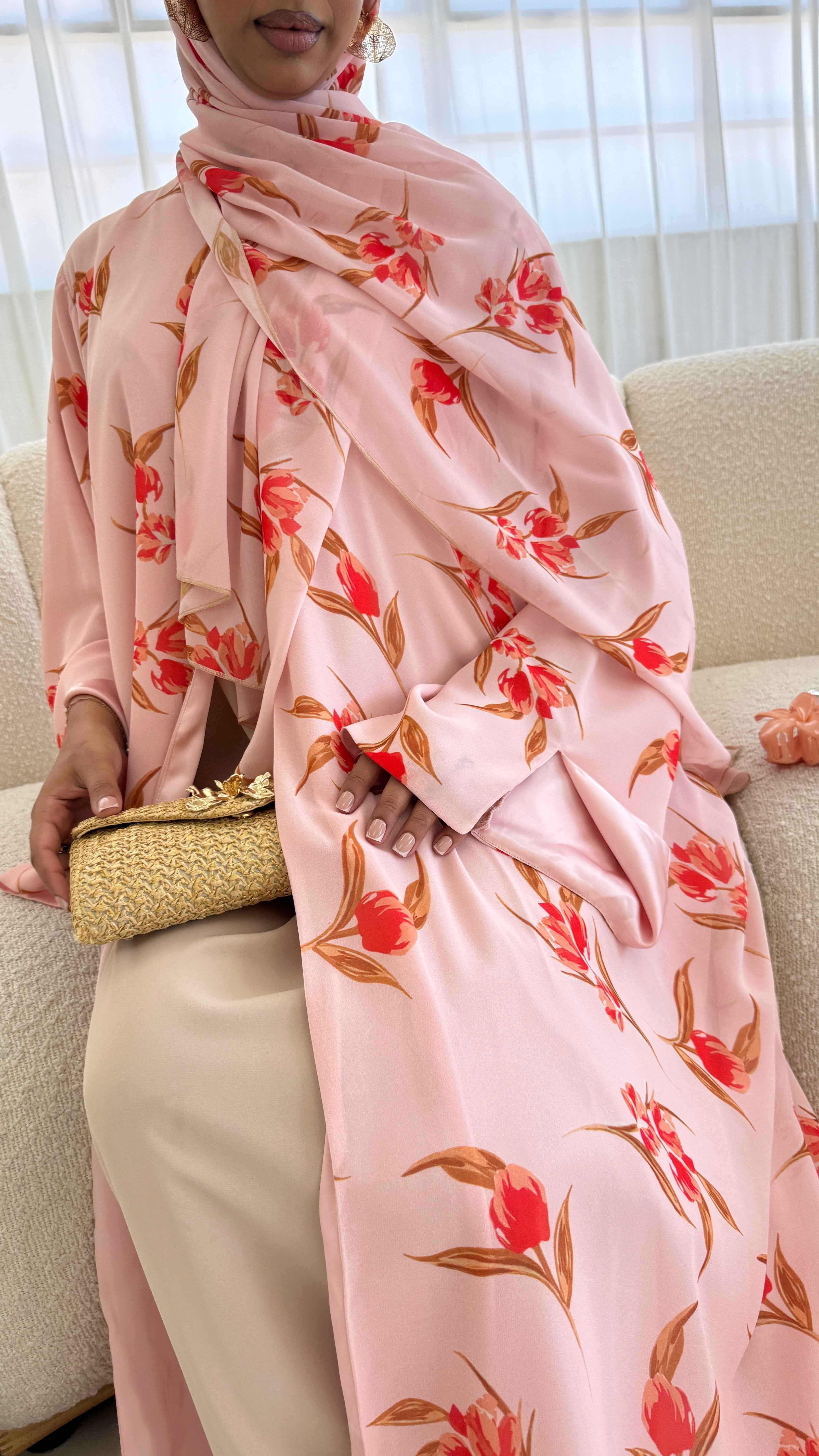 PETAL BLOOM | Luxury Floral Chiffon Open Abaya With Matching Hijab