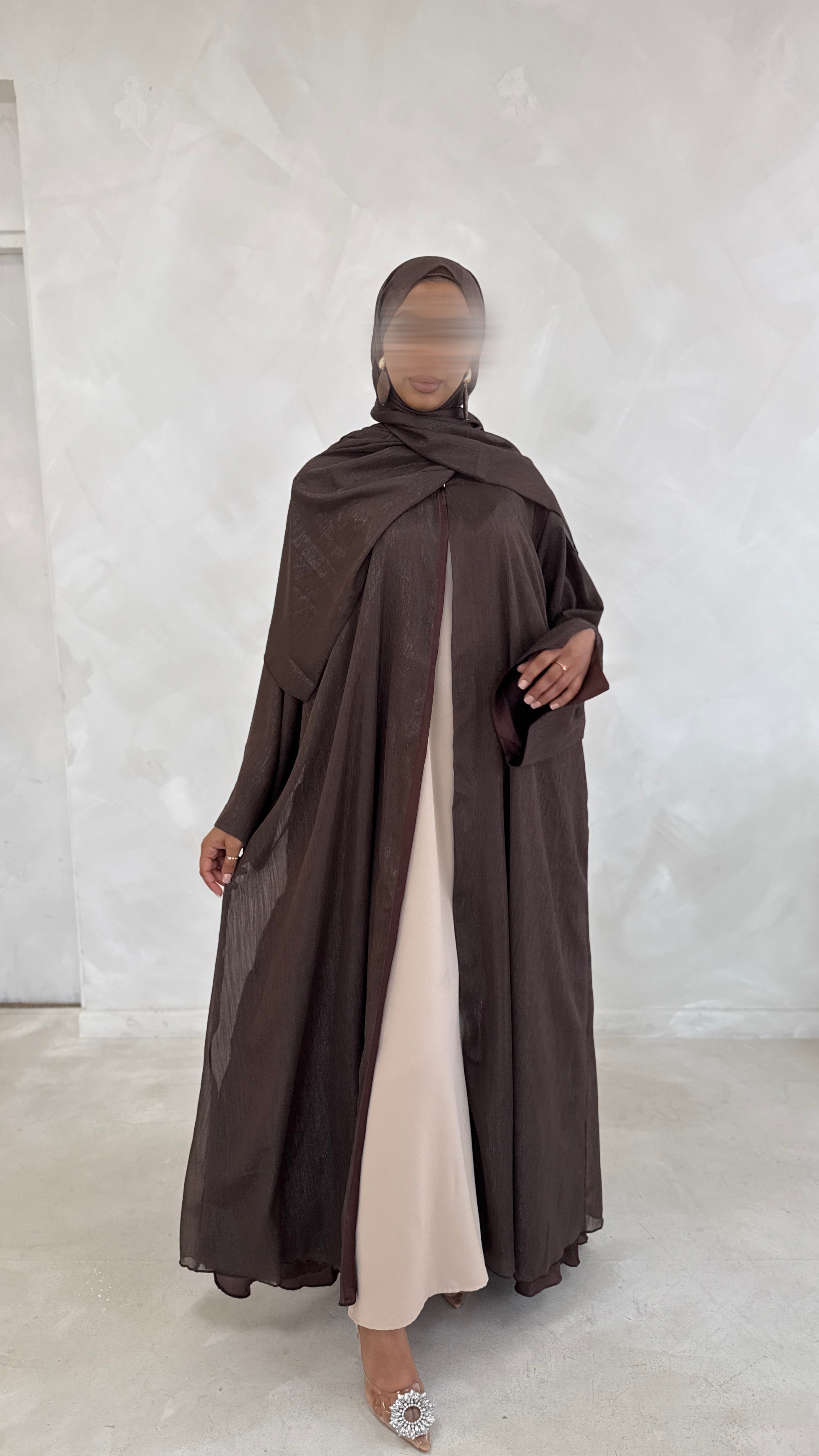 Noura Chocolate Zari Open Abaya Set – Fully Lined with Matching Hijab