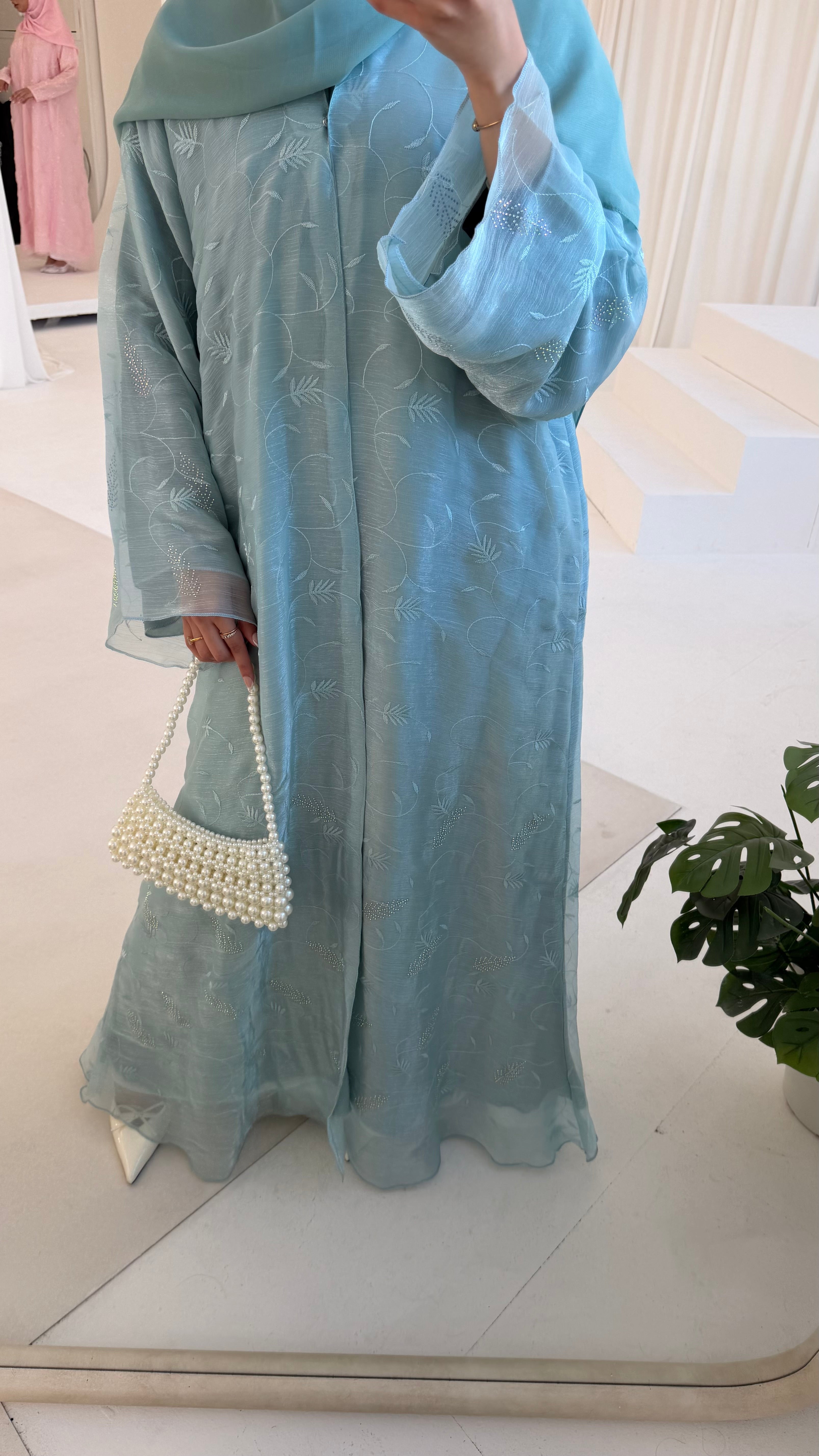 Soft Sage Blue Embroidered Eid Abaya + matching hijab
