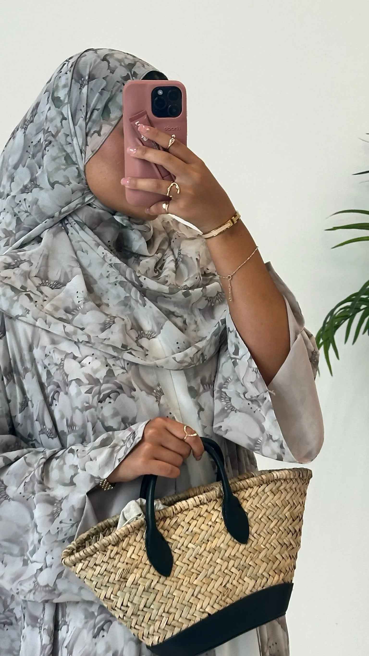 Lunelle Abaya – Lightweight Soft Greige Floral Modest Wear with Matching Hijab