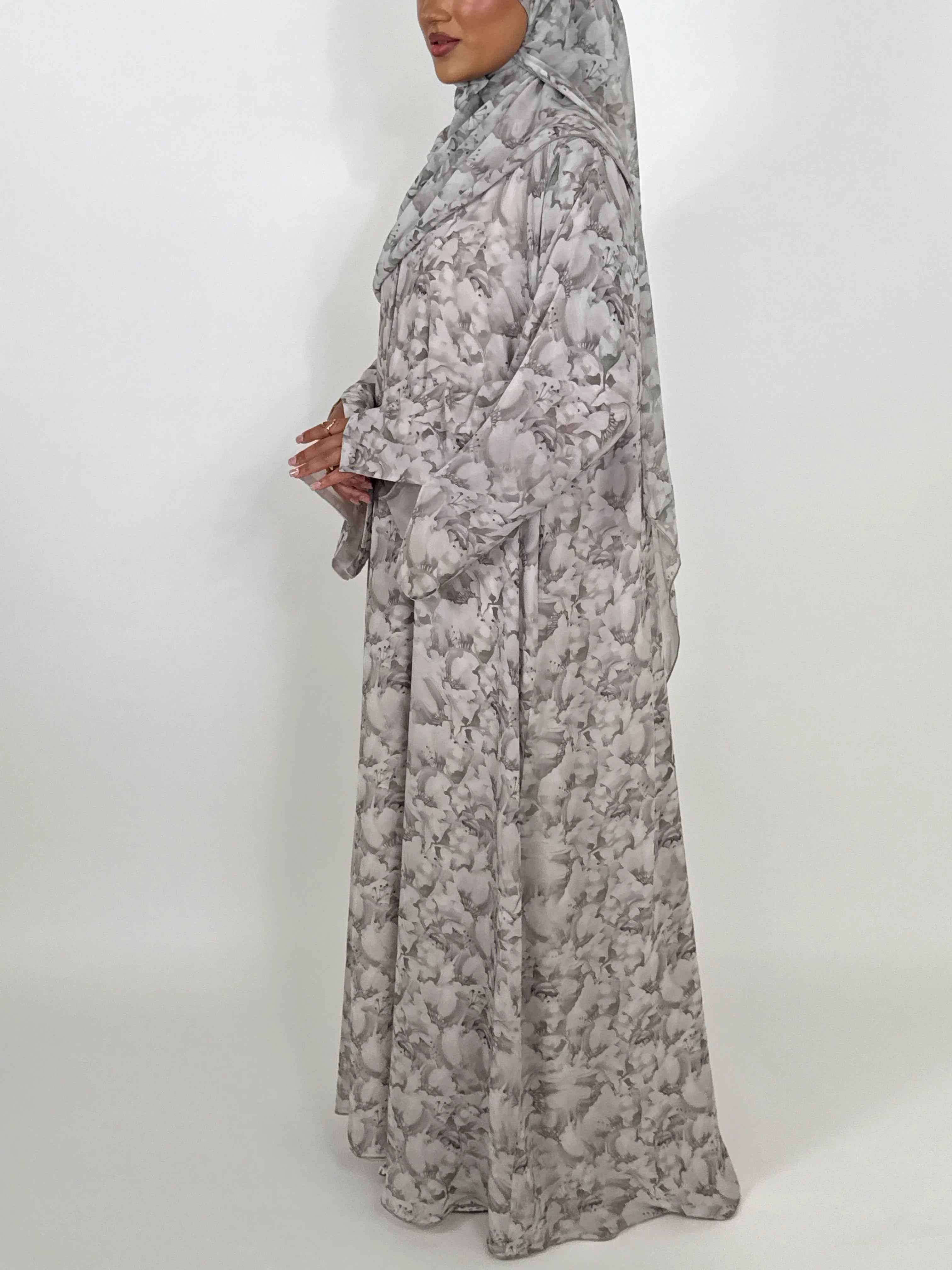 Lunelle Abaya – Lightweight Soft Greige Floral Modest Wear with Matching Hijab