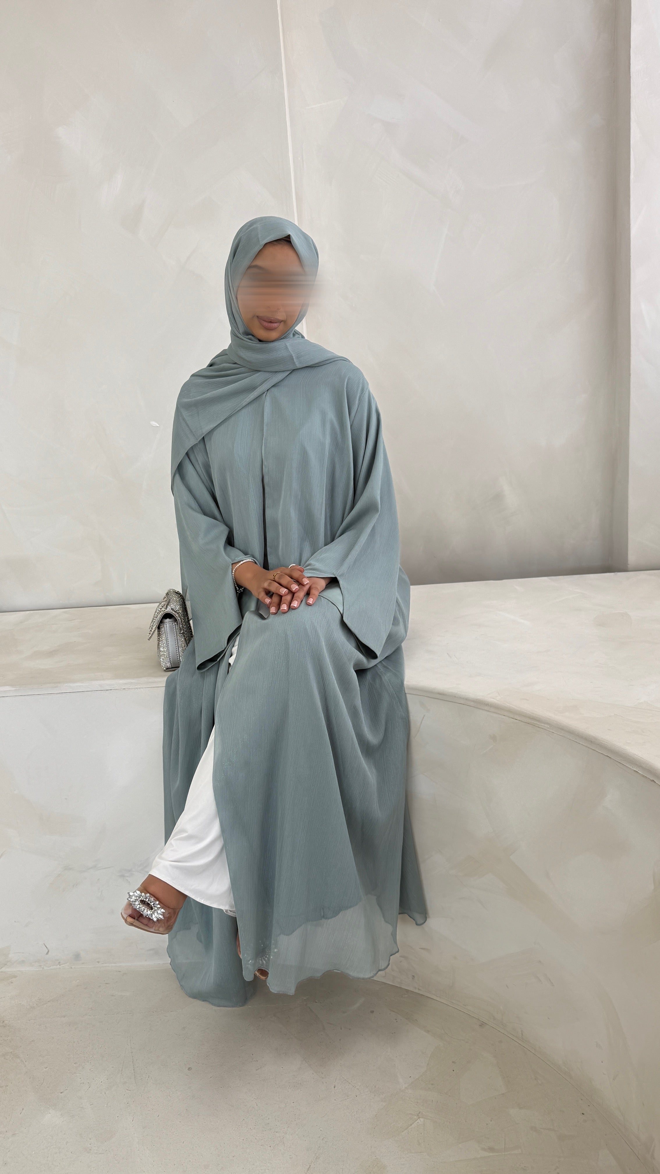 Noura Deep Teal Zari Open Abaya Set – Fully Lined with Matching Hijab