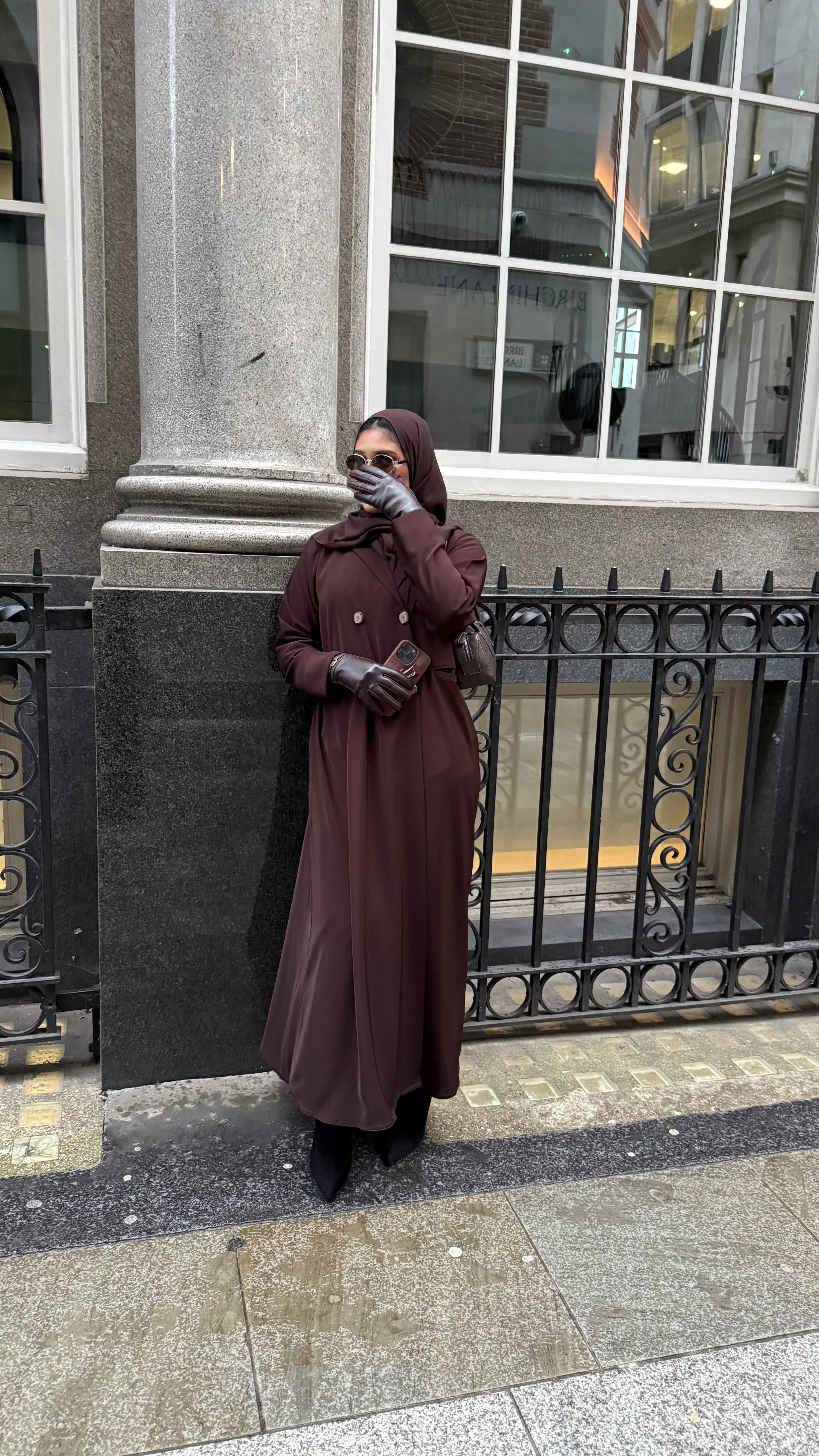 Chocolate brown blazer abaya with matching hijab.