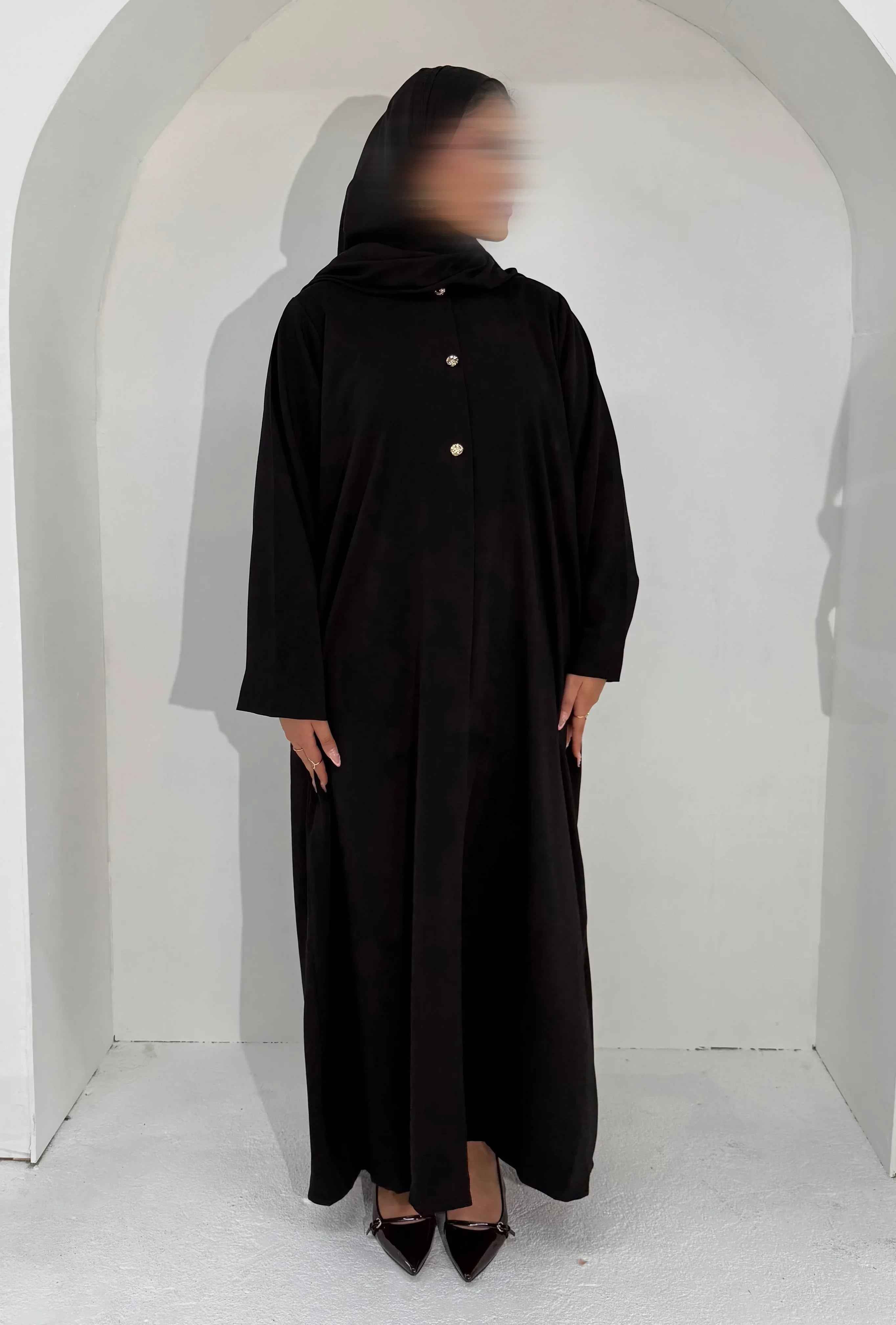 Noir Mirage Abaya Ensemble – Luxe Flow with Matching Hijab