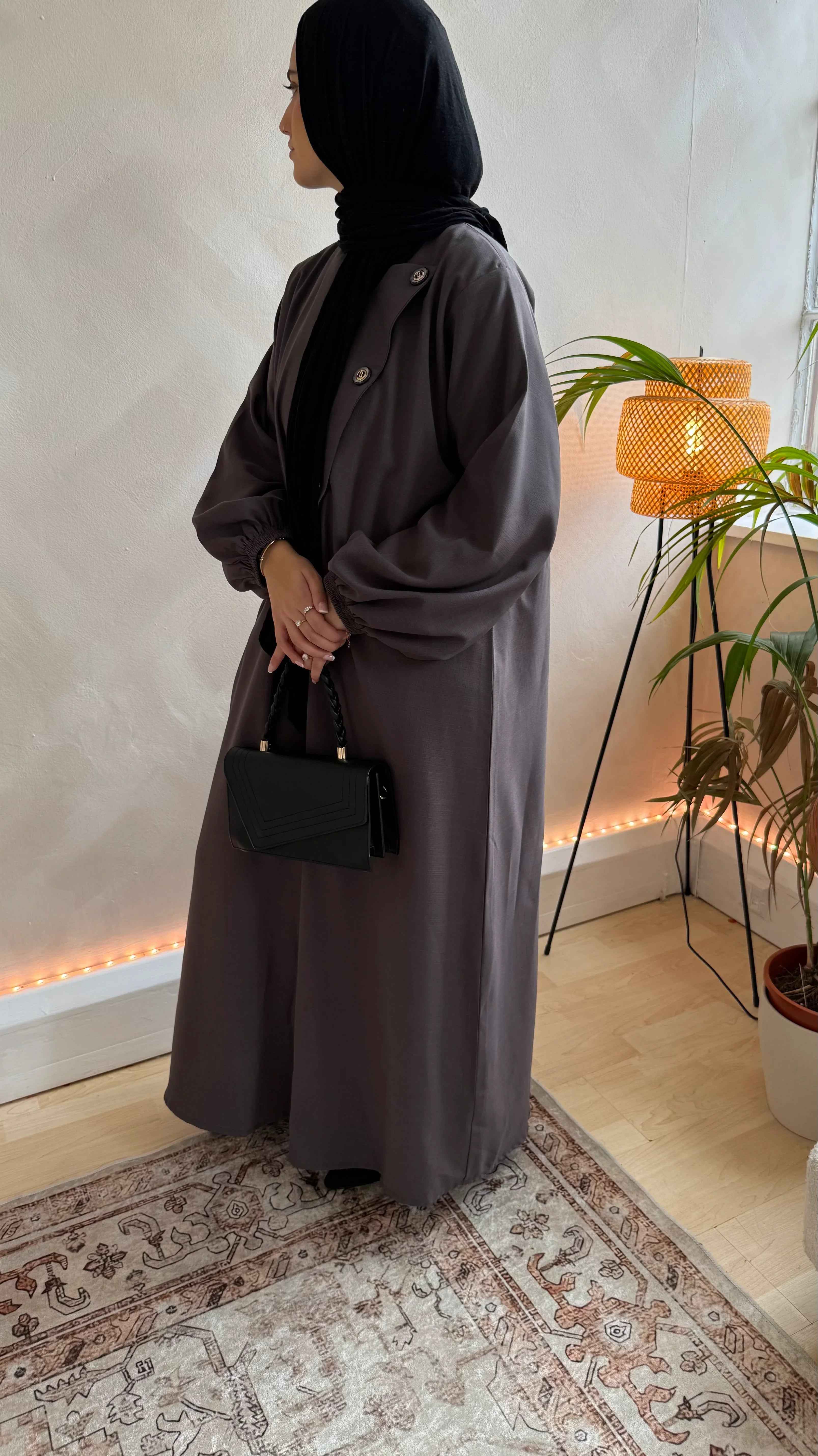 Luxury Brown Abaya with Asymmetrical Buttons – Limited Edition Premium Fabric