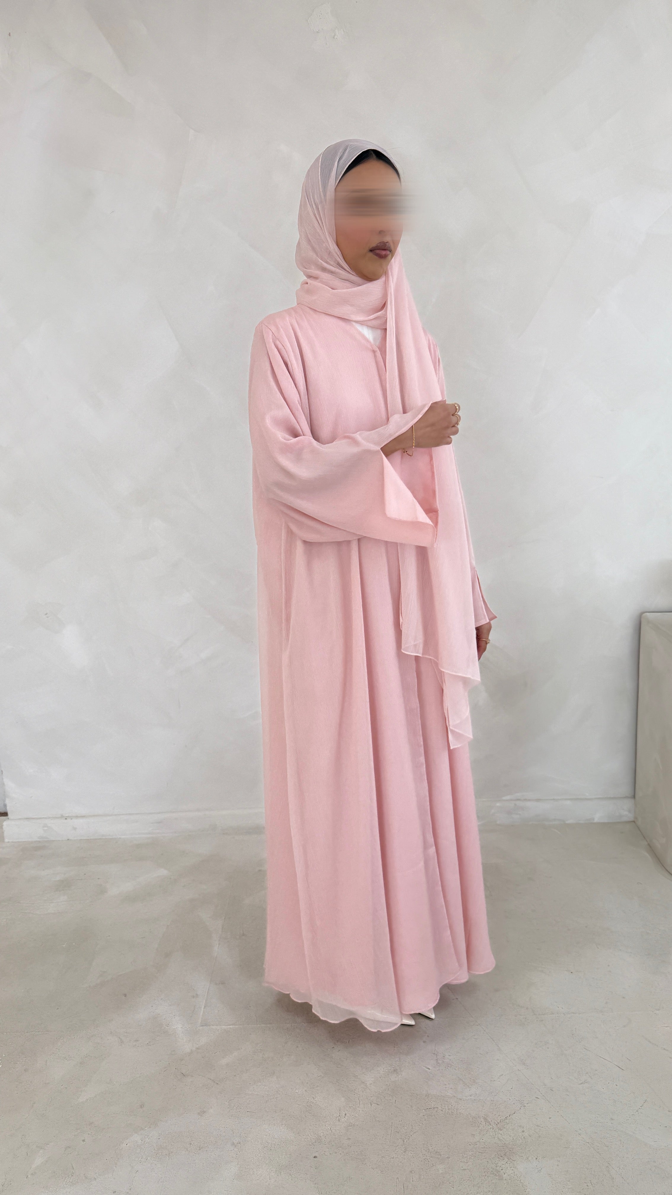 Non refundable-Noura Strawberry Milk Zari Open Abaya Set –Matching Hijab
