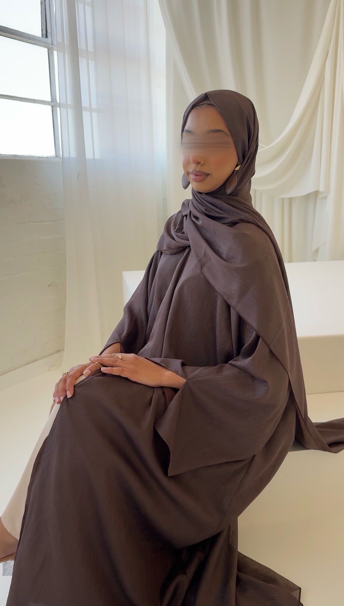 Noura Chocolate Zari Open Abaya Set – Fully Lined with Matching Hijab