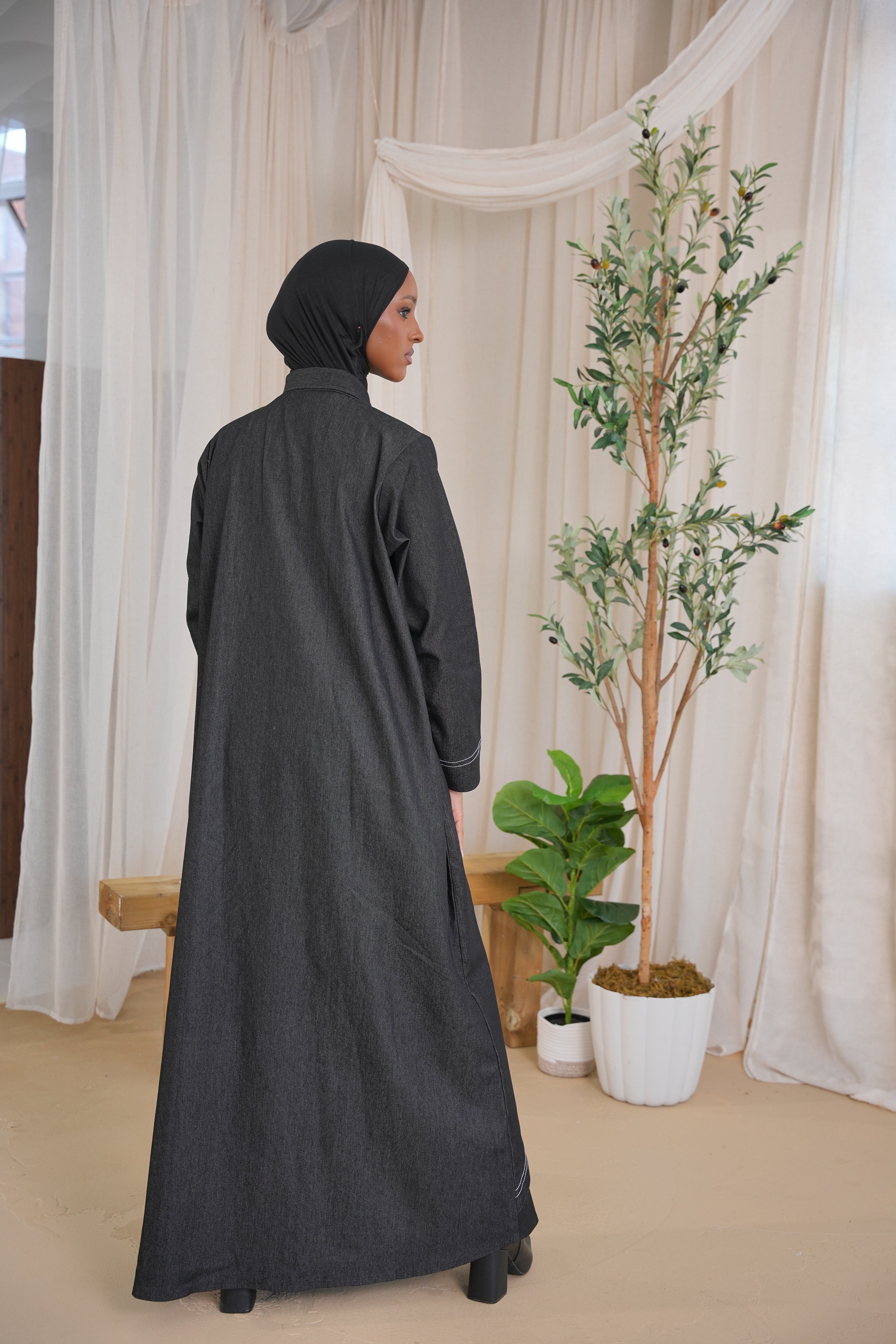 Black Contrast Denim Abaya