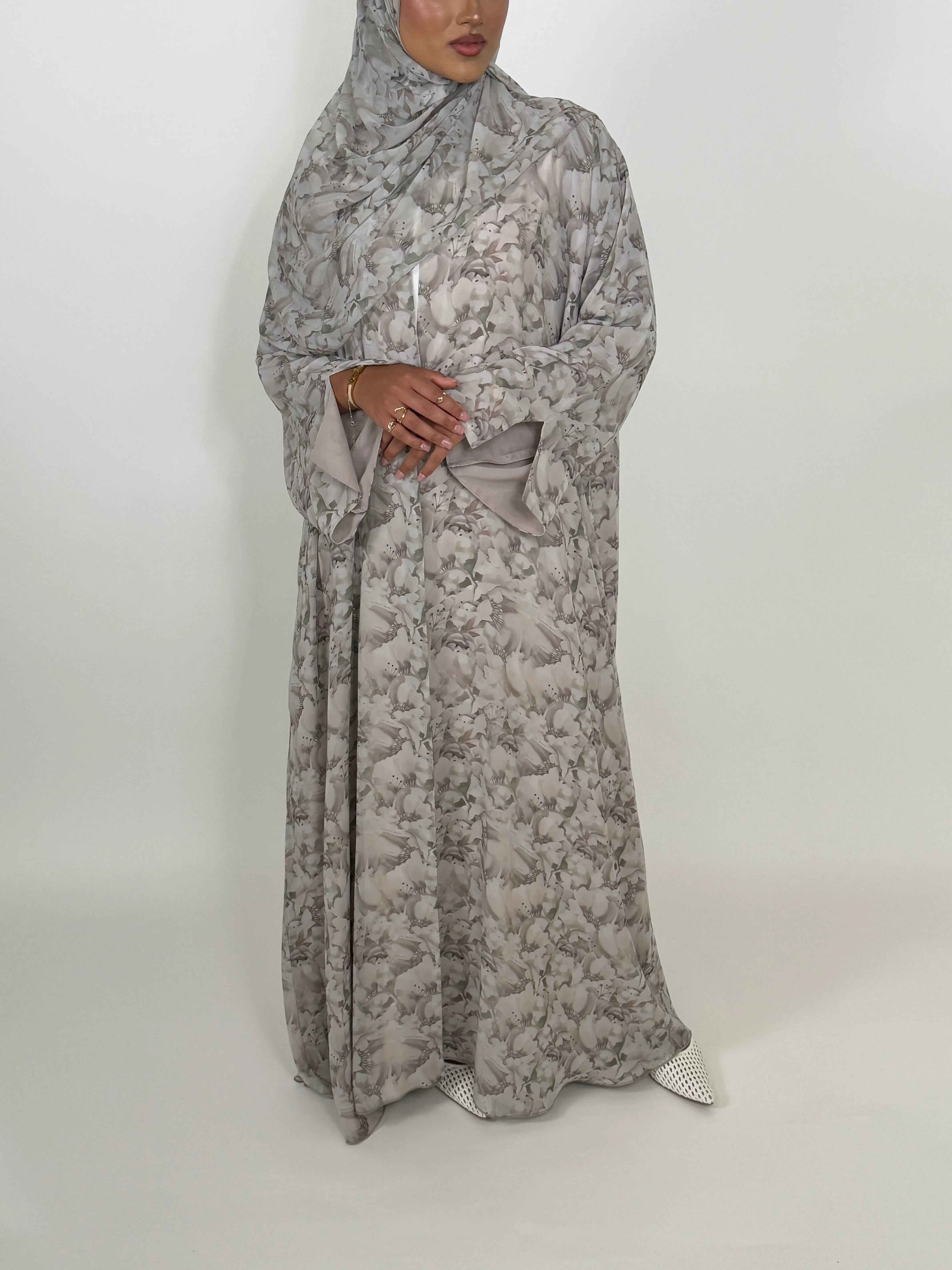 Lunelle Abaya – Lightweight Soft Greige Floral Modest Wear with Matching Hijab