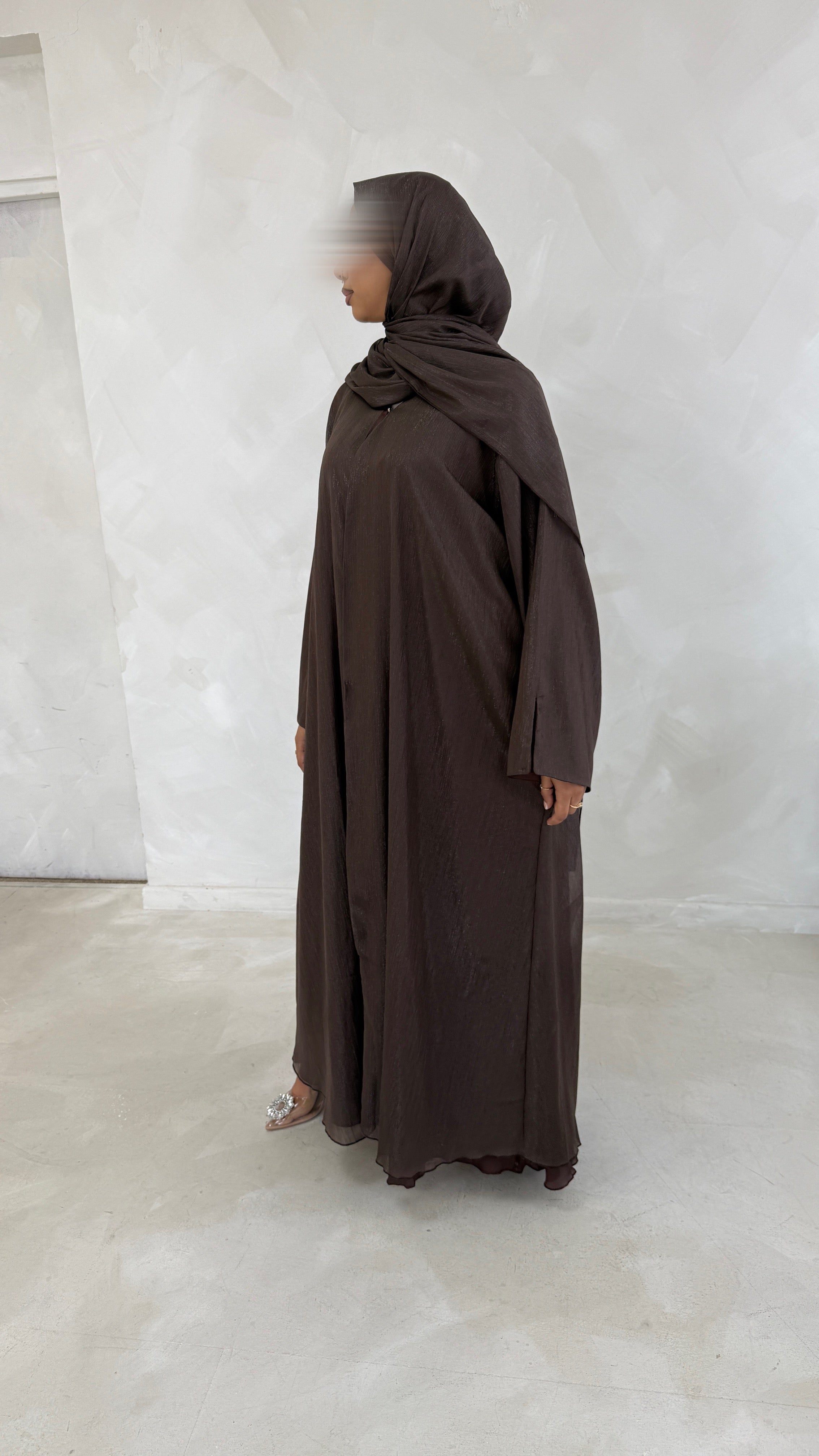 Noura Chocolate Zari Open Abaya Set – Fully Lined with Matching Hijab